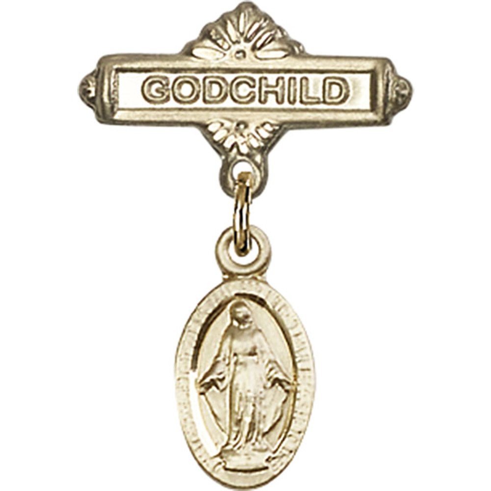 Bonyak Jewelry Saint Medal Collection - Gold Filled Religious Baby Badge with Miraculous Charm & Godchild Pin (1 X 5/8 inches) - Perfect for Baptism Gifts, First Communion & Spiritual Protection