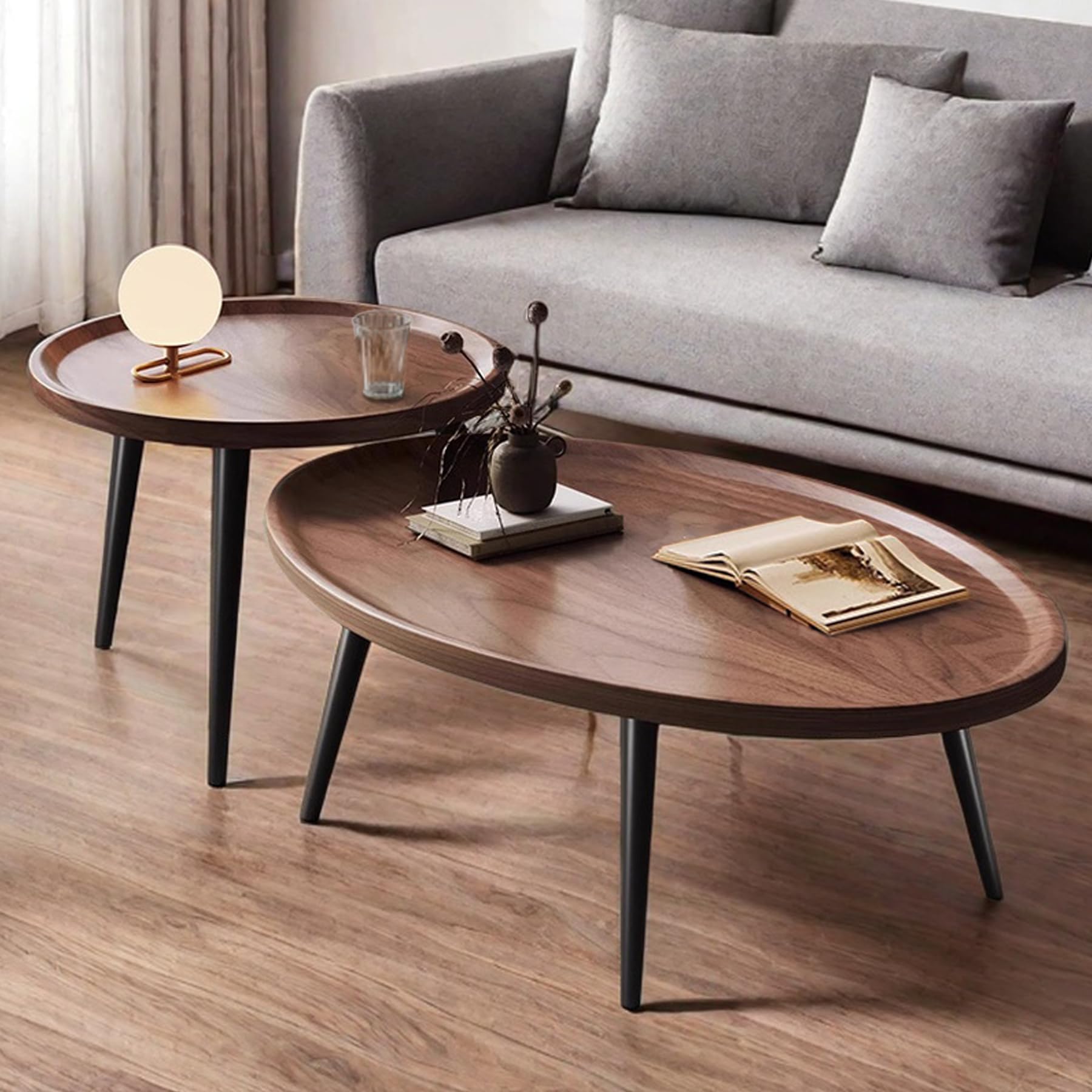Mid Century Modern Nesting Coffee Table Set of 2 - Oval & Round Side Tables for Living Room, Bedroom, Small Spaces - Walnut Finish | Perfect for Compact Apartments, Cozy Reading Nooks & Contemporary Home Decor
