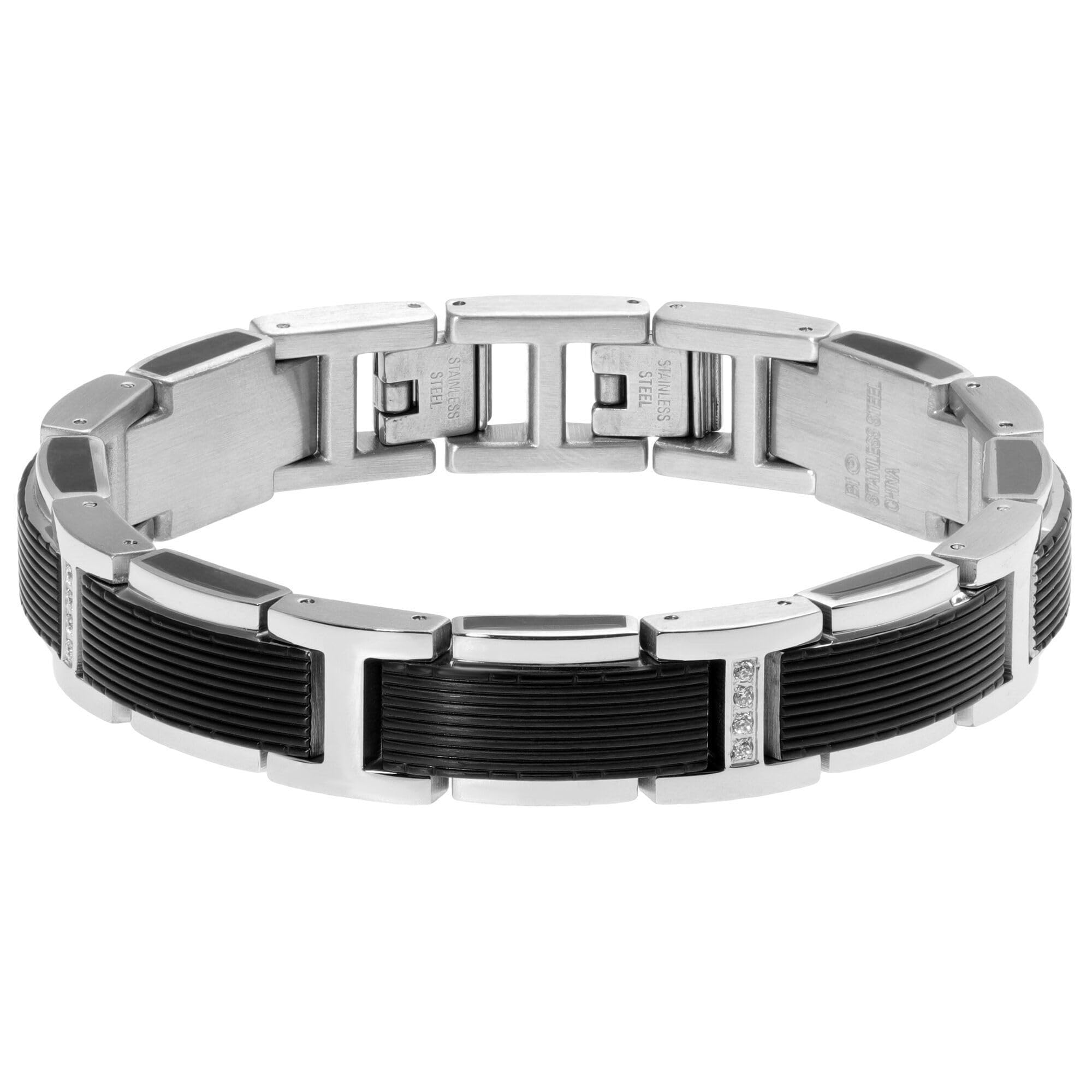 Stainless Steel Men's Cubic Zirconia Link Bracelet - Black Ion Plated or Blue Resin, 9 Inch Length, 13mm Width with Fold Over Clasp | Elegant Jewelry for Formal Events, Business Meetings & Special Occasions