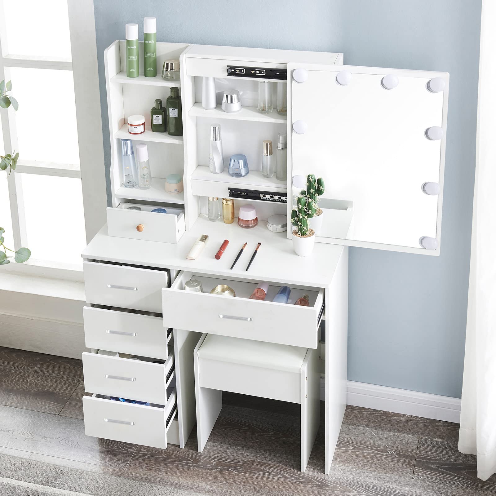 Abesthink Makeup Vanity Table with LED Lights & Mirror, Dressing Table with Lighted Makeup Mirror, Vanity Desk with Drawers, Shelves & Stool - Perfect for Bedroom, Dressing Room & Home Beauty Salon