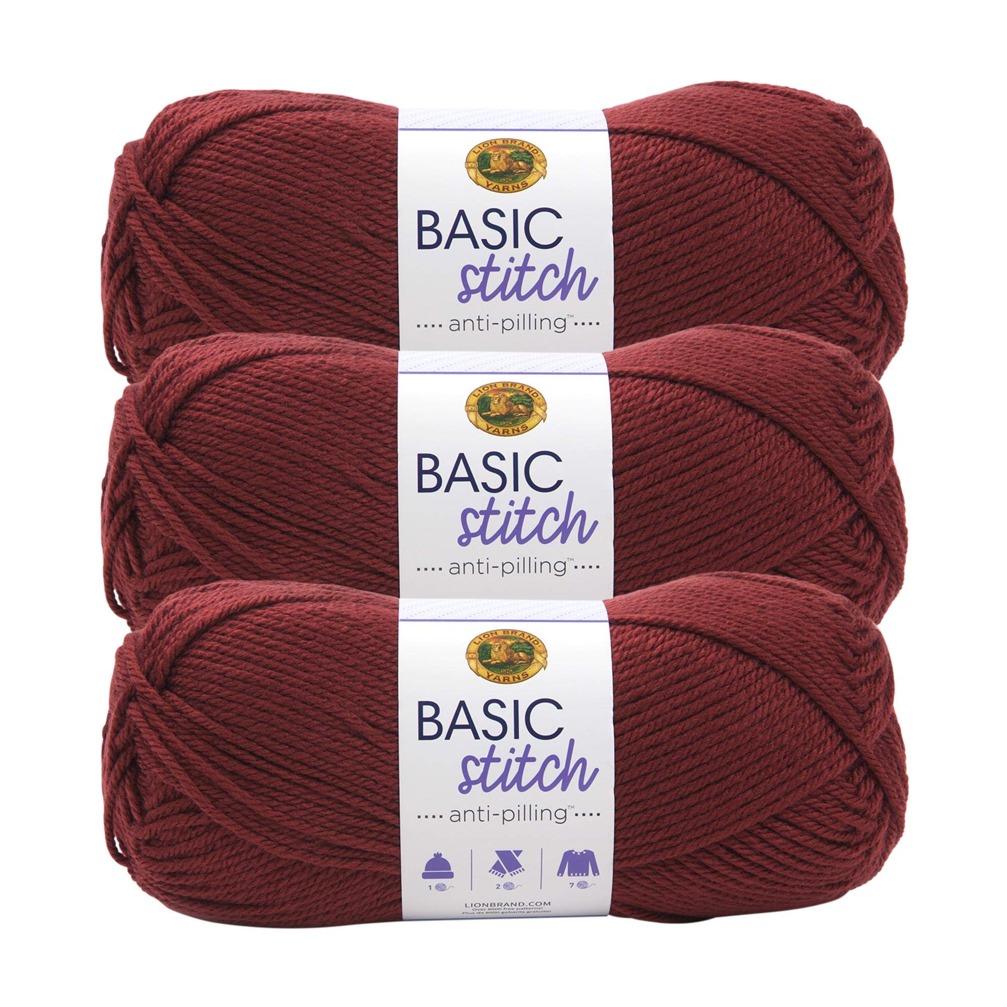 Lion Brand Yarn Basic Stitch Anti-Pilling Knitting & Crochet Yarn - 3 Pack Pomegranate Red - Soft Yarn for Scarves, Hats & Blankets - Premium Knitting Supplies for Beginners & Experts