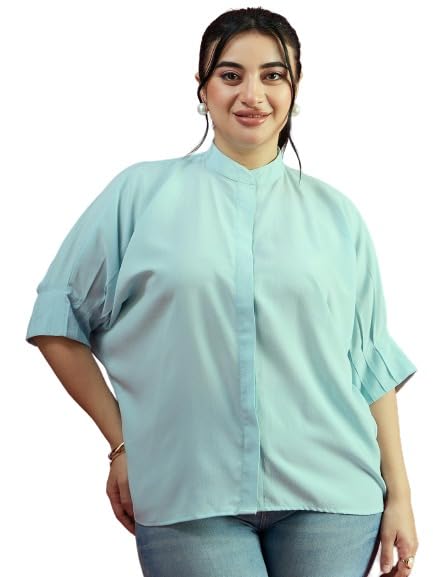 KASSUALLY Women's Blue Pleated Sleeve Curve Top - Flattering Casual Shirt for Work, Date Night & Everyday Wear
