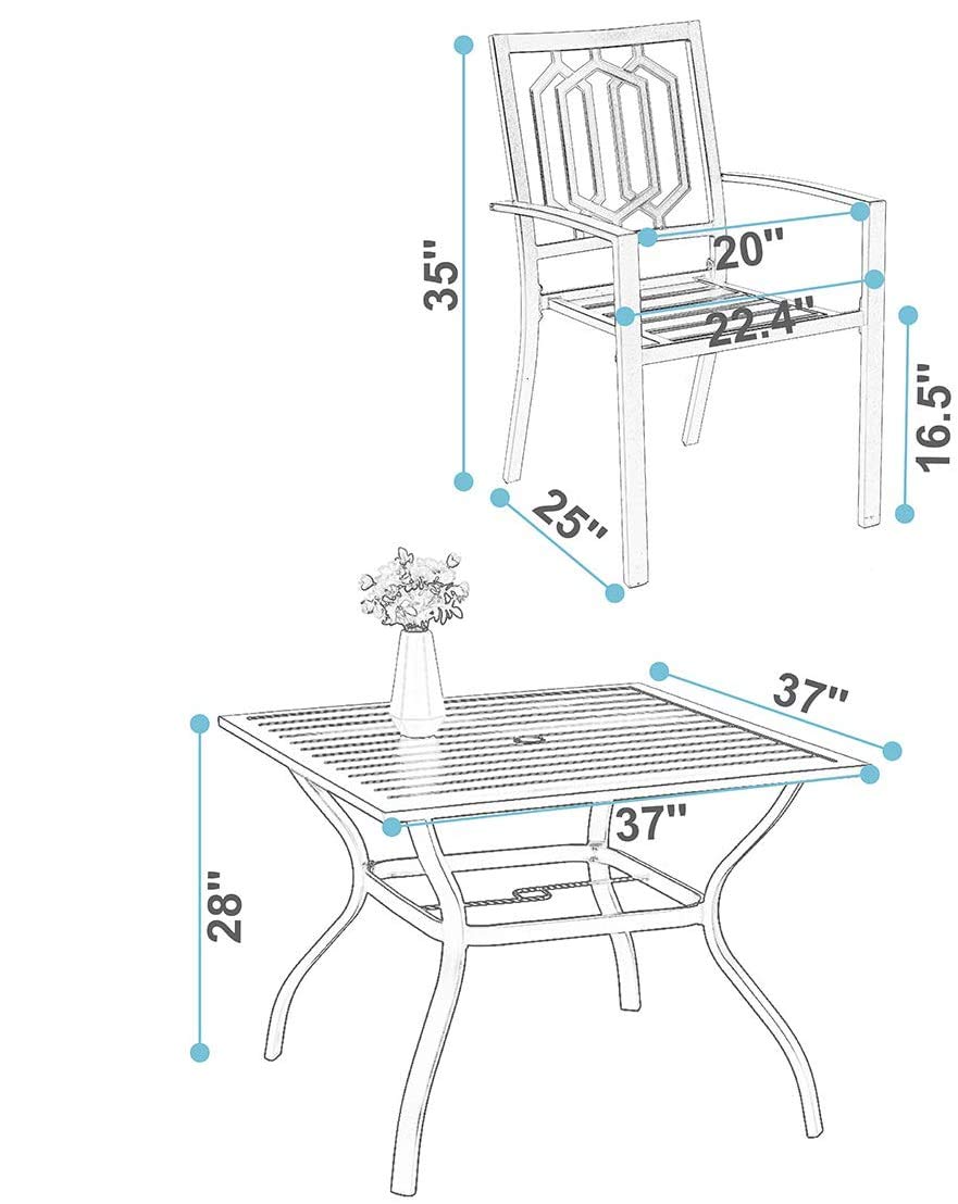 MFSTUDIO 5-Piece Black Metal Outdoor Dining Set with 4 Stackable Armrest Chairs & 37