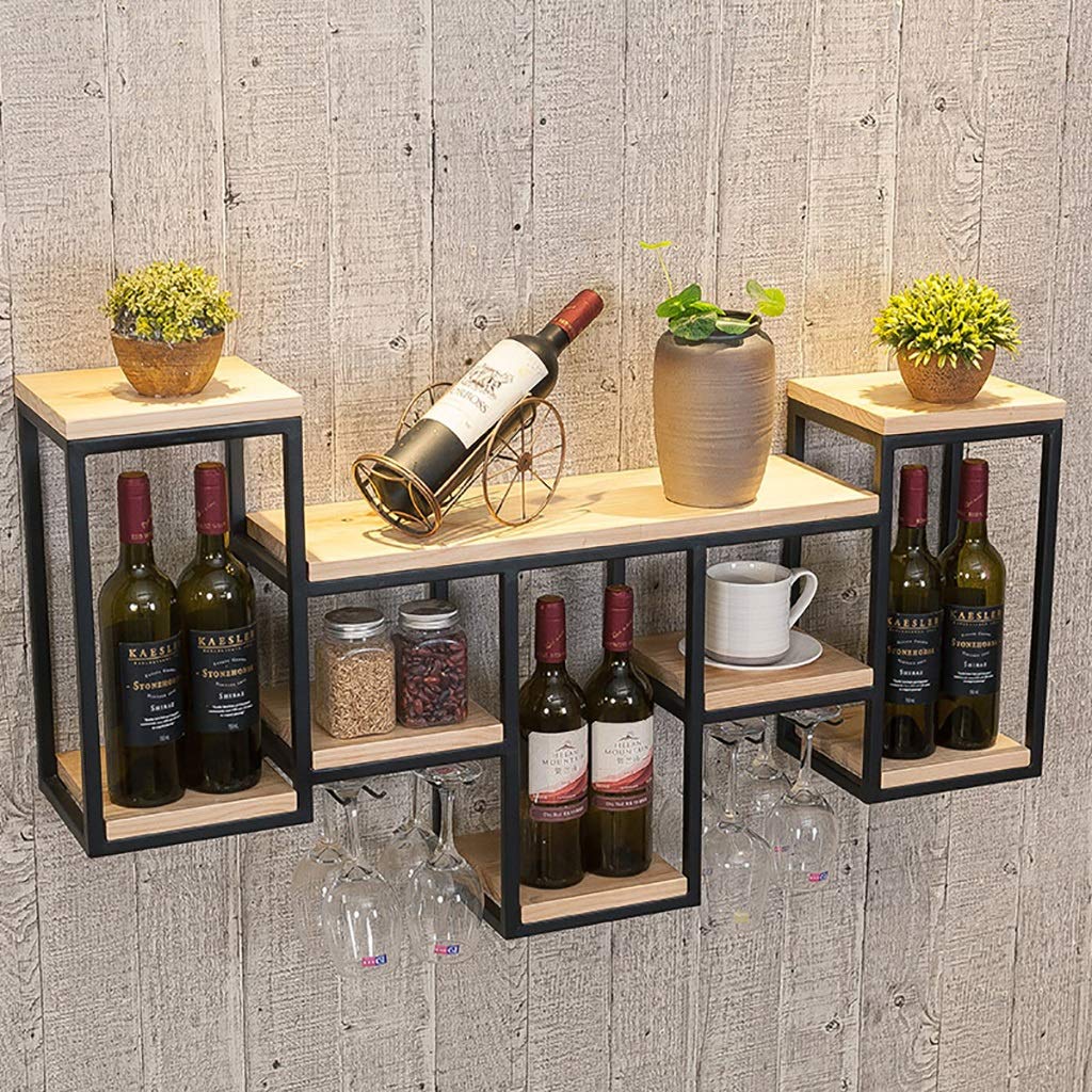 Solid Wood & Wrought Iron Wall-Mounted Wine Rack with Upside Down Glass Display - Rustic Home Bar Decor for Kitchen, Dining Room or Wine Cellar Organization