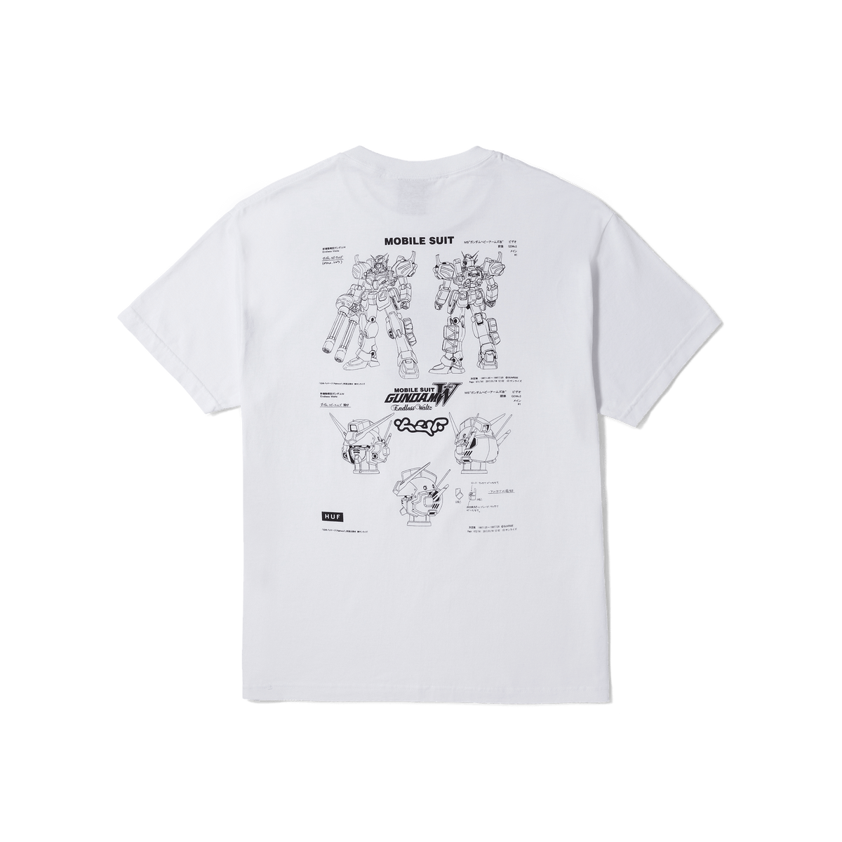 HUF x Gundam Heavy Arms Schematics Short Sleeve T-Shirt - White Cotton Tee for Anime Fans & Streetwear Enthusiasts - Perfect for Cosplay, Casual Wear & Gundam Collectors