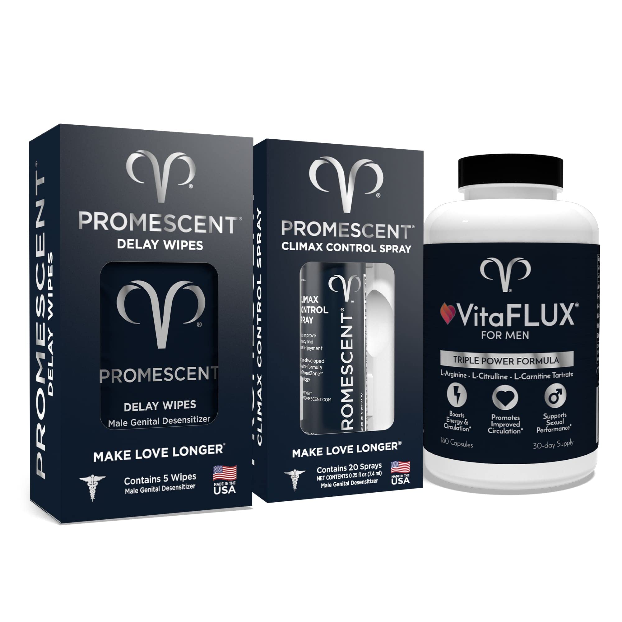 Promescent Delay Wipes & Spray for Men (5 Wipes + 7.4ml Spray) with VitaFLUX Nitric Oxide Supplement - Enhance Male Performance & Last Longer in Bed - Perfect for Intimate Moments & Performance Support