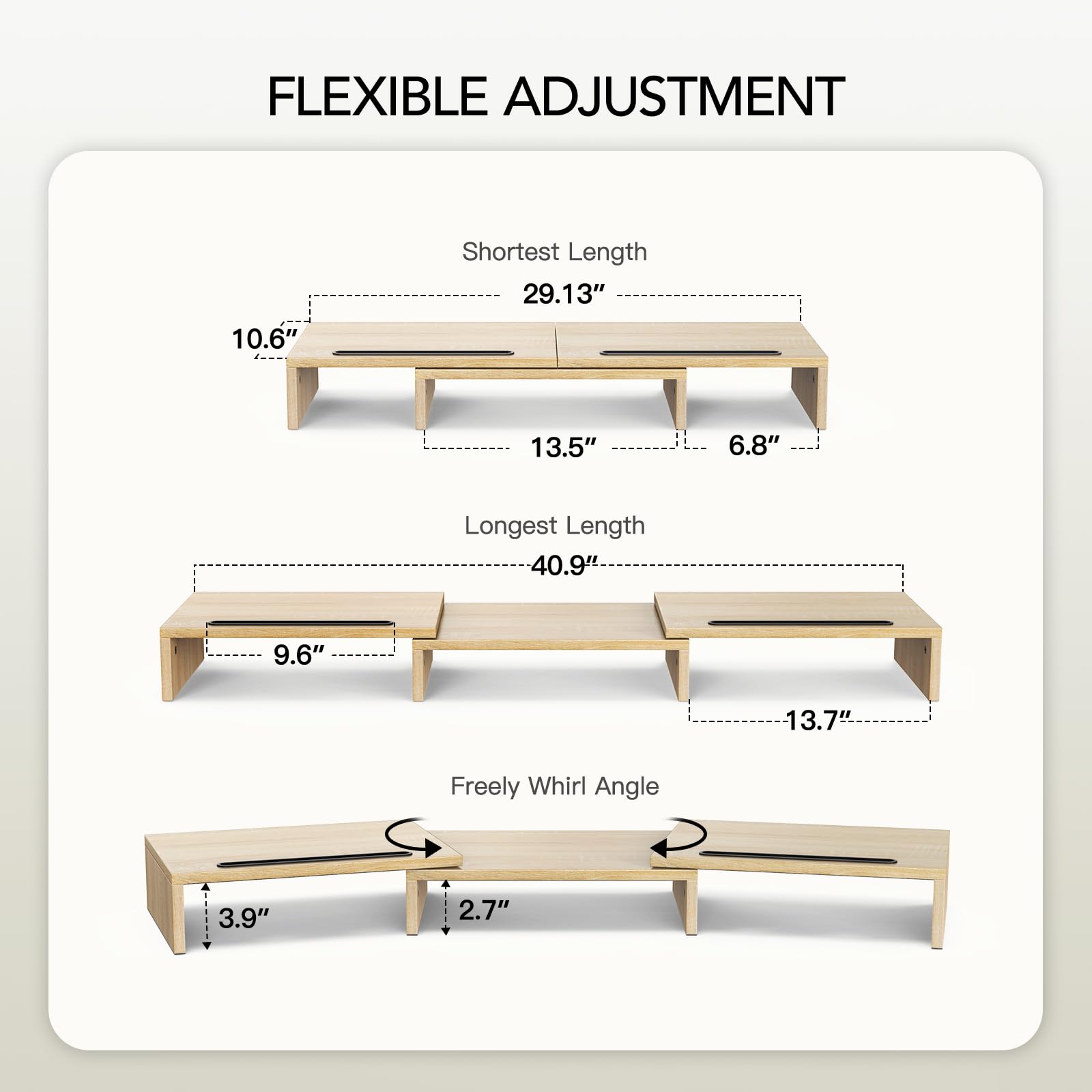 AMERIERGO Dual Monitor Stand Riser - Adjustable 3 Shelf Computer Desk Organizer with Extra Slots for PC, Laptop, Home & Office Workspace (Light Wood) - Perfect for Ergonomic Setup and Clutter-Free Workspace