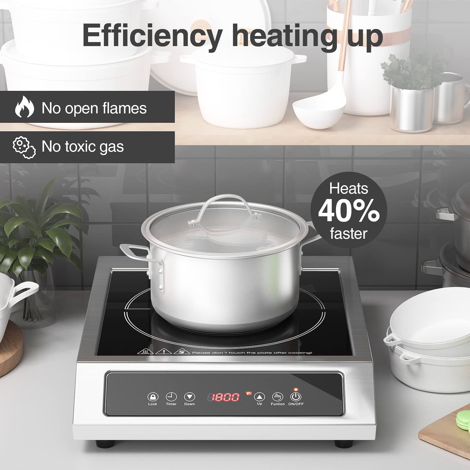 ANHANE 1800W Portable Induction Cooktop - Commercial Countertop Burner with 9 Temp Levels, 3-Hour Timer, Auto Shut-Off & Child Safety Lock - Perfect for Home Kitchen, Dorm Cooking, RV Travel & Outdoor Camping