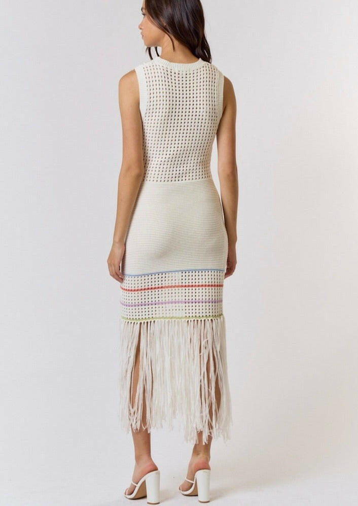 Elegant Cream Striped Knit Maxi Dress for Women - Perfect for Summer Beach Vacations, Casual Outings & Date Nights
