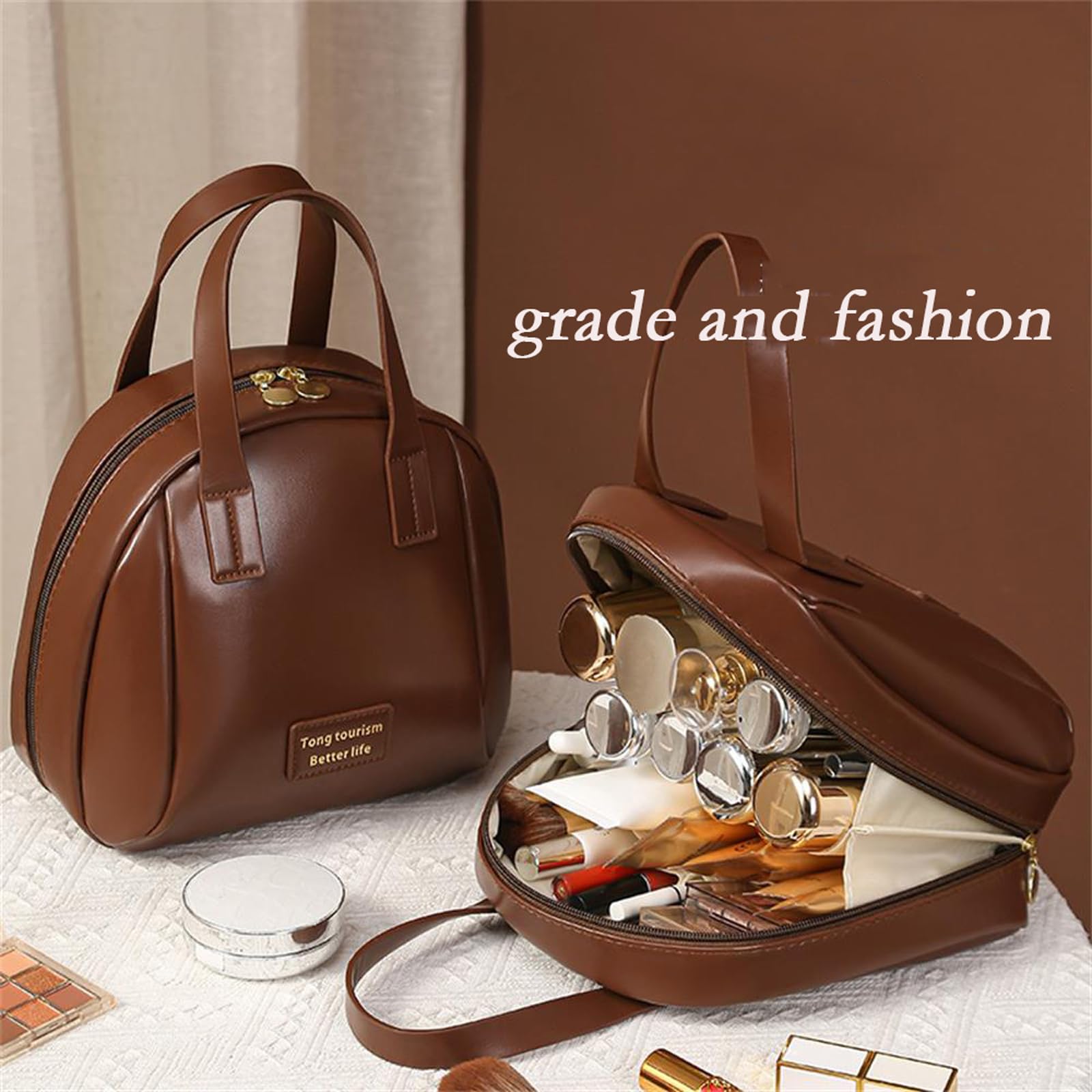 Waterproof Leather Makeup Bag for Women & Girls - Large Capacity Travel Cosmetic Organizer, Portable Toiletry Bag (Brown, BK-01) | Perfect for Travel, Gym & Daily Makeup Storage