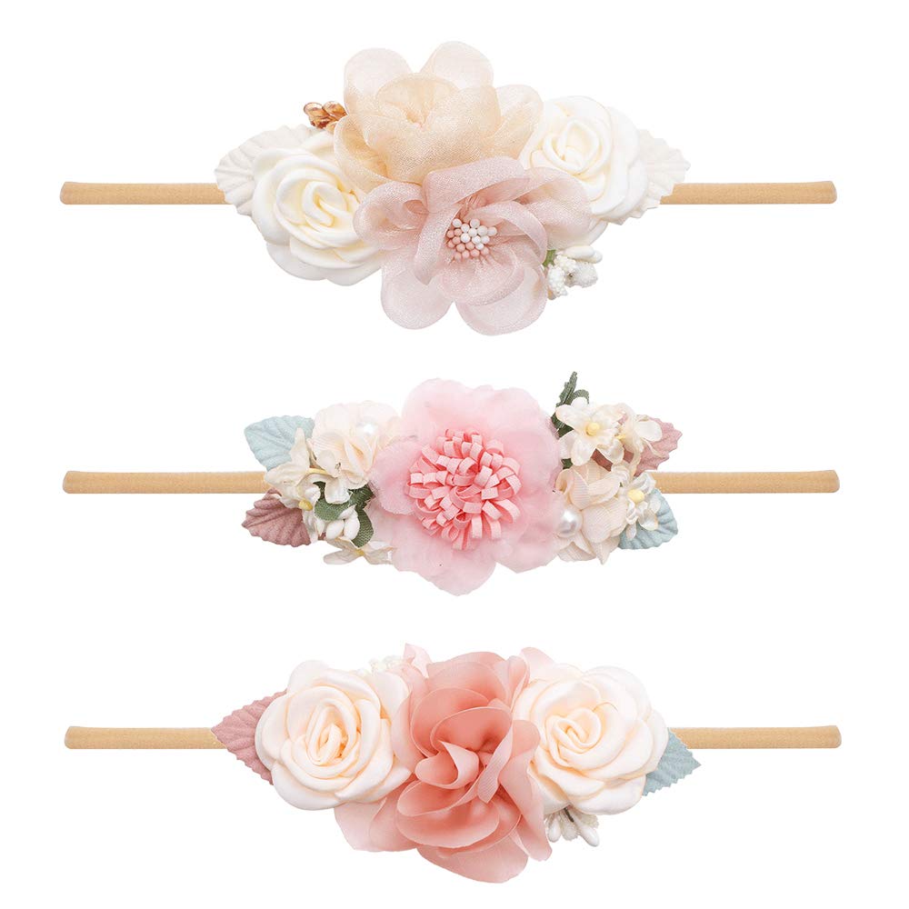 Cherrboll 3-Piece Baby Girl Headbands with Flowers - Ultra Soft & Stretchy Nylon Floral Hairbands for Newborns & Toddlers - Perfect for Photo Shoots, Birthday Parties & Everyday Outfits