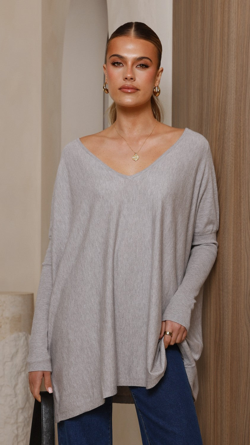 Amalia Knit Top for Women - Soft Grey Casual Sweater - Perfect for Office, Date Night & Fall Layering
