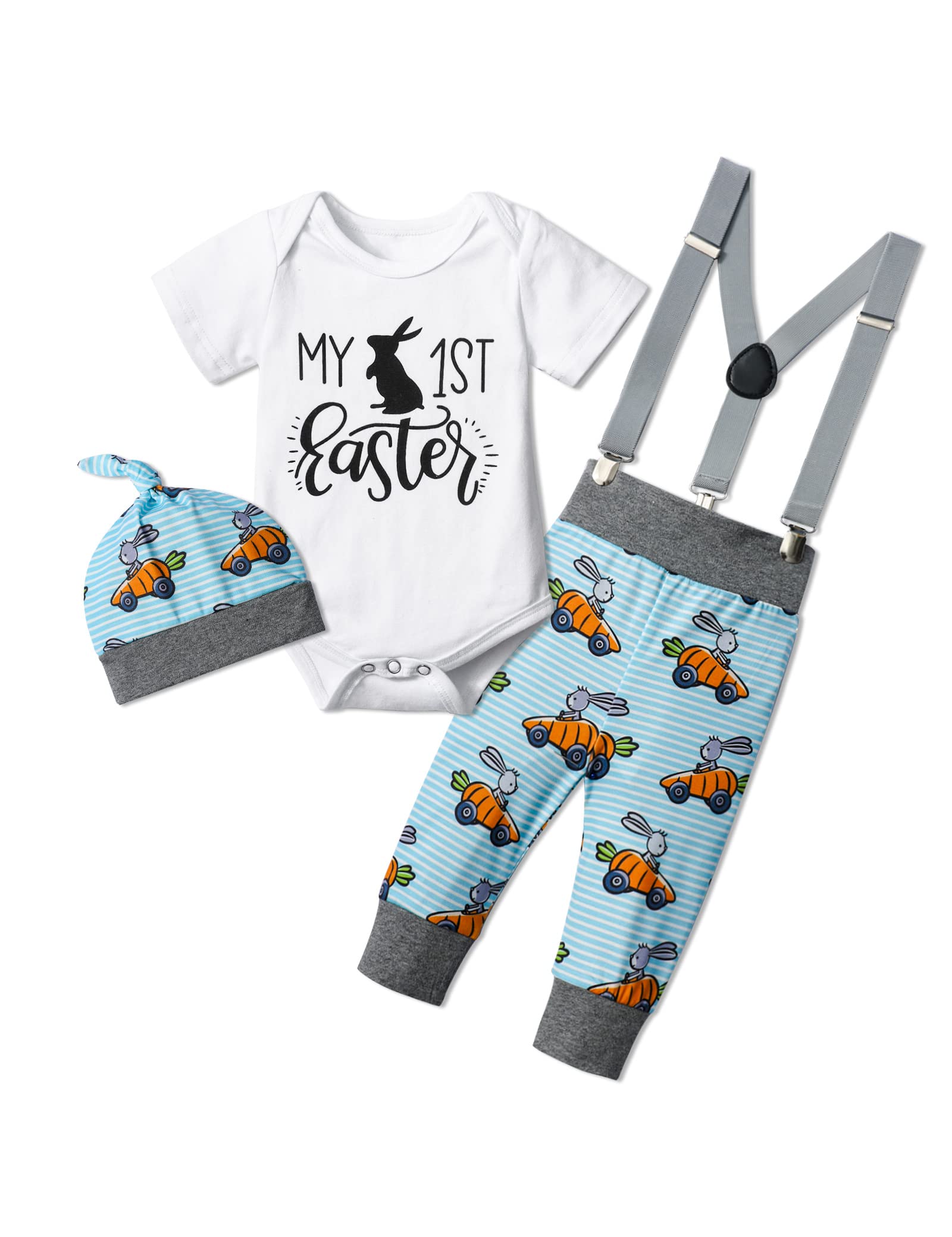 Adorable Easter Baby Boy Outfit Set - Short Romper, Suspenders & Hat 3PCS | Perfect Easter Gift for Newborns & Infants | Easter Sunday, Photo Shoots & Family Gatherings