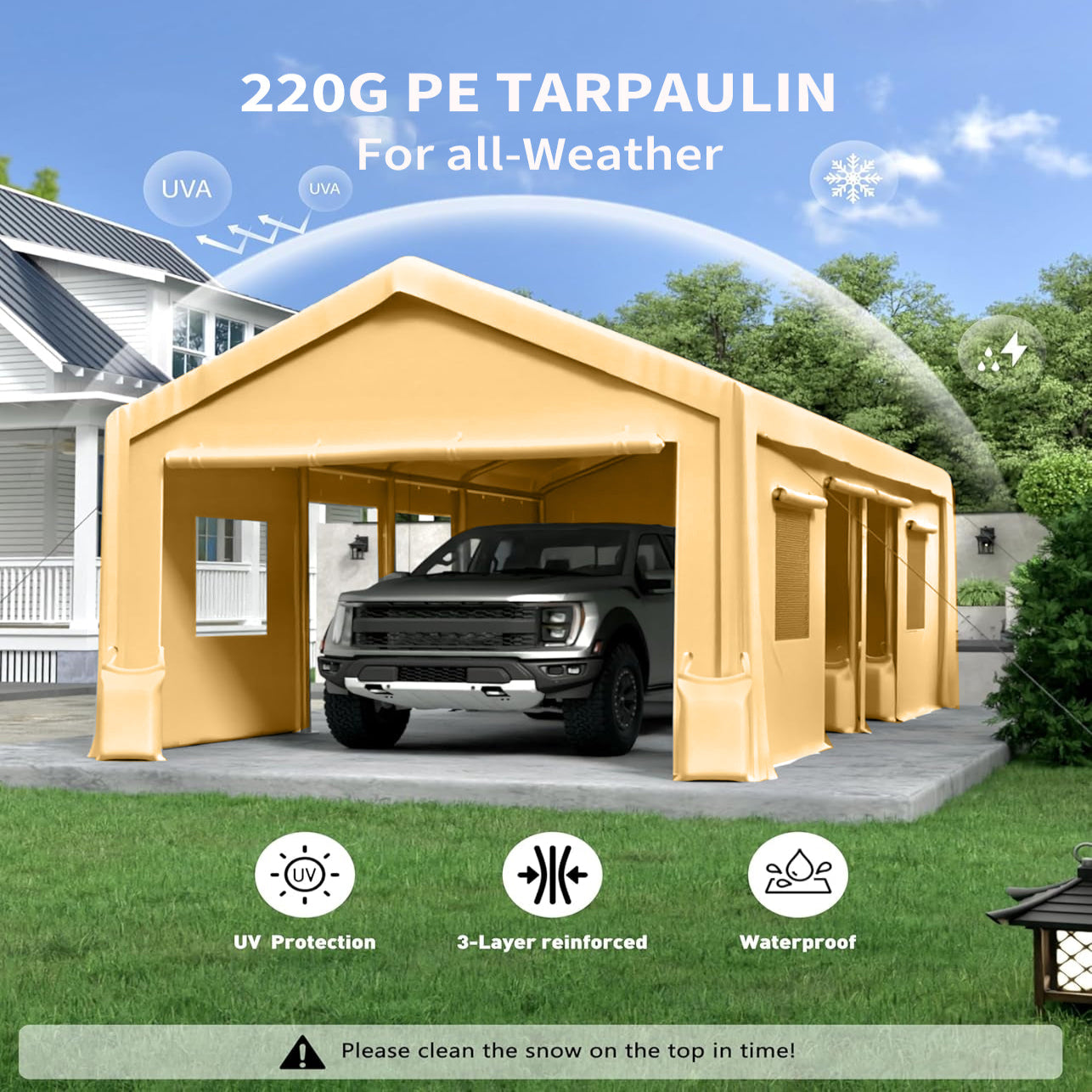 Heavy Duty Waterproof Windproof Garage Top Tent Shelter Replacement - 2 Pcs Zipper Doors Portable Carport, UV Protected Tarp 13' x 20' & 13' x 25' (Doors Only) Yellow - Perfect for Outdoor Storage, Vehicle Protection, and Camping Shelter