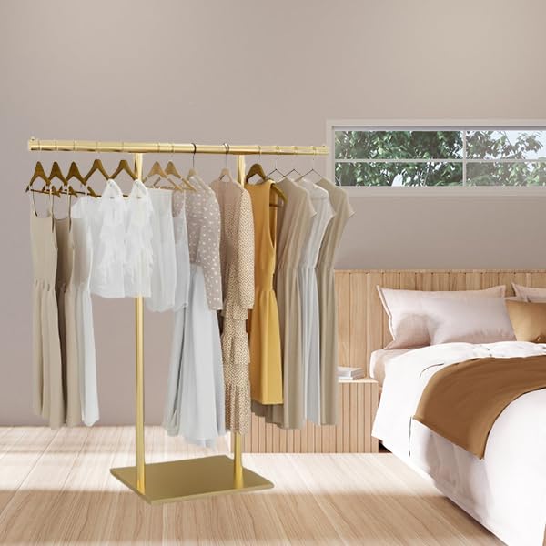 Premium Gold Clothing Rack for Boutique - Double Pole Supported Stable Metal Garment Display Stand - Freestanding Retail Clothes Rack for Bedroom, Laundry Room & Store (39.37