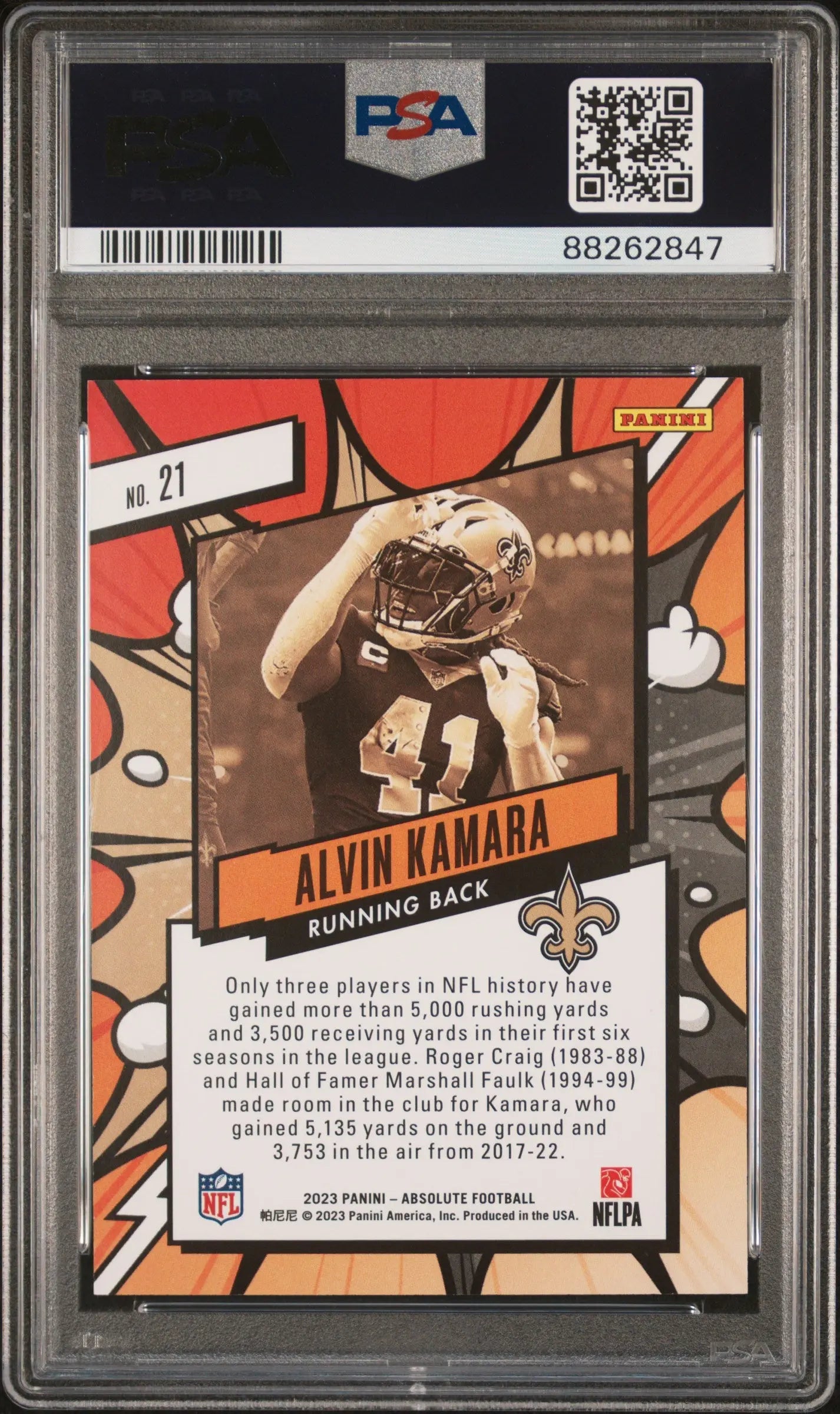 2023 Panini Absolute Football Explosive Alvin Kamara #21 PSA 10 Graded Rookie Card - Perfect for NFL Collectors & Fantasy Football Fans (Display, Investment, Gifts)