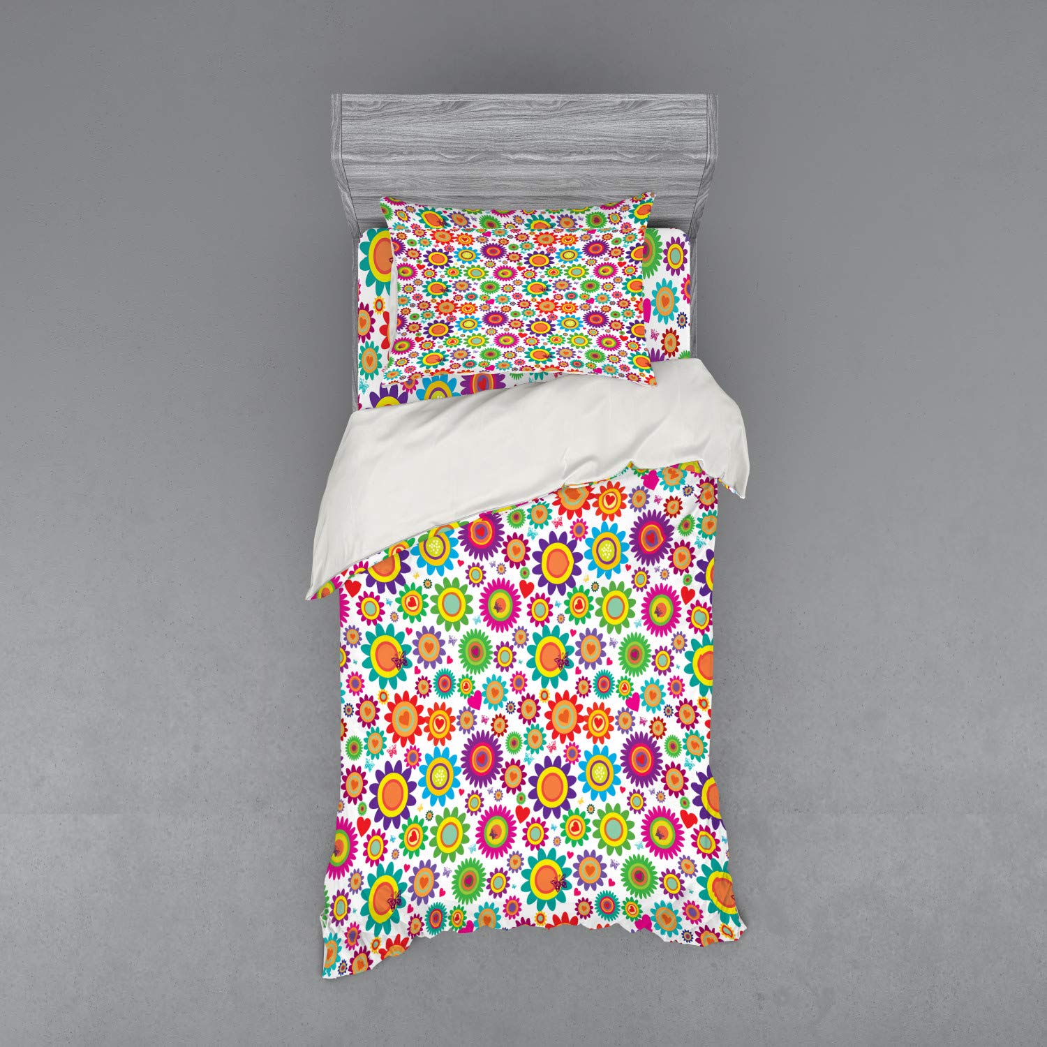 Ambesonne Easter Bedding Set - 3 Piece Duvet Cover with Sham & Fitted Sheet, Twin XL Size, Colorful Chamomile & Hearts Nature Theme - Perfect for Spring Decor, Guest Room Makeover & Holiday Bedding