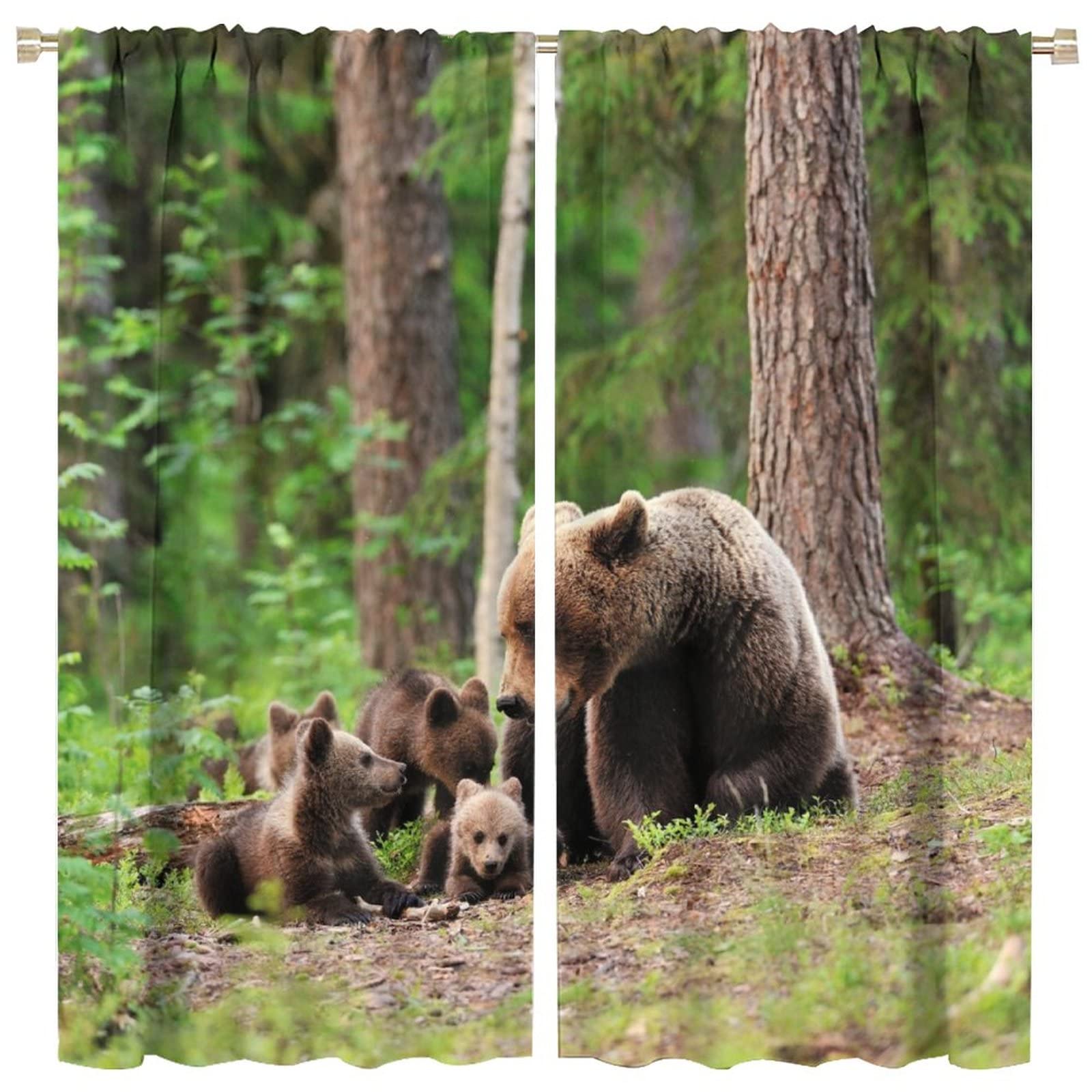 Brown Bear in The Forest Pattern Curtains - 52x84 Inch Room Darkening & Sun Protection Window Treatment for Bedroom, Living Room & Nursery Decor | Nature-Themed Home Art Hanging Curtains