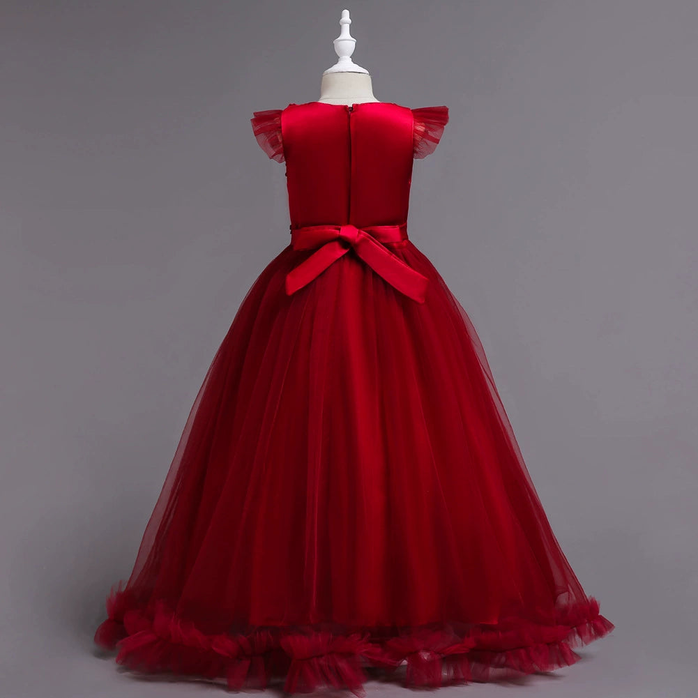 Elegant A-Line Round Floor Length Lace Flower Girl Dress in Red - Perfect for Weddings, Parties & Special Occasions