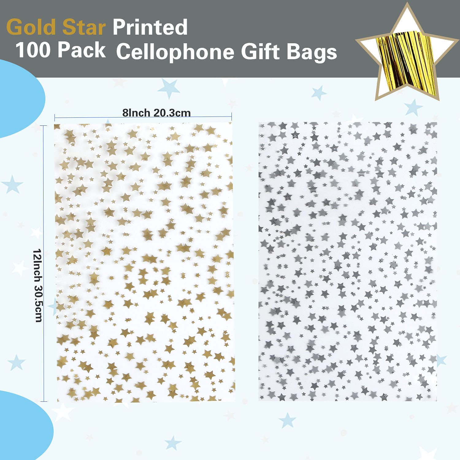 100 Pcs Gold Star Printed 8