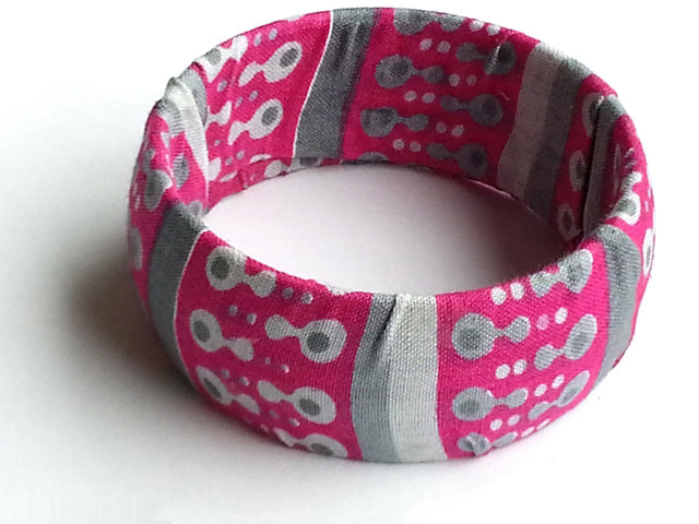 Fuchsia and Grey African Print Bangle Bracelet DPJ256 - Stylish Handmade Jewelry for Women, Perfect for Parties, Weddings, and Cultural Events