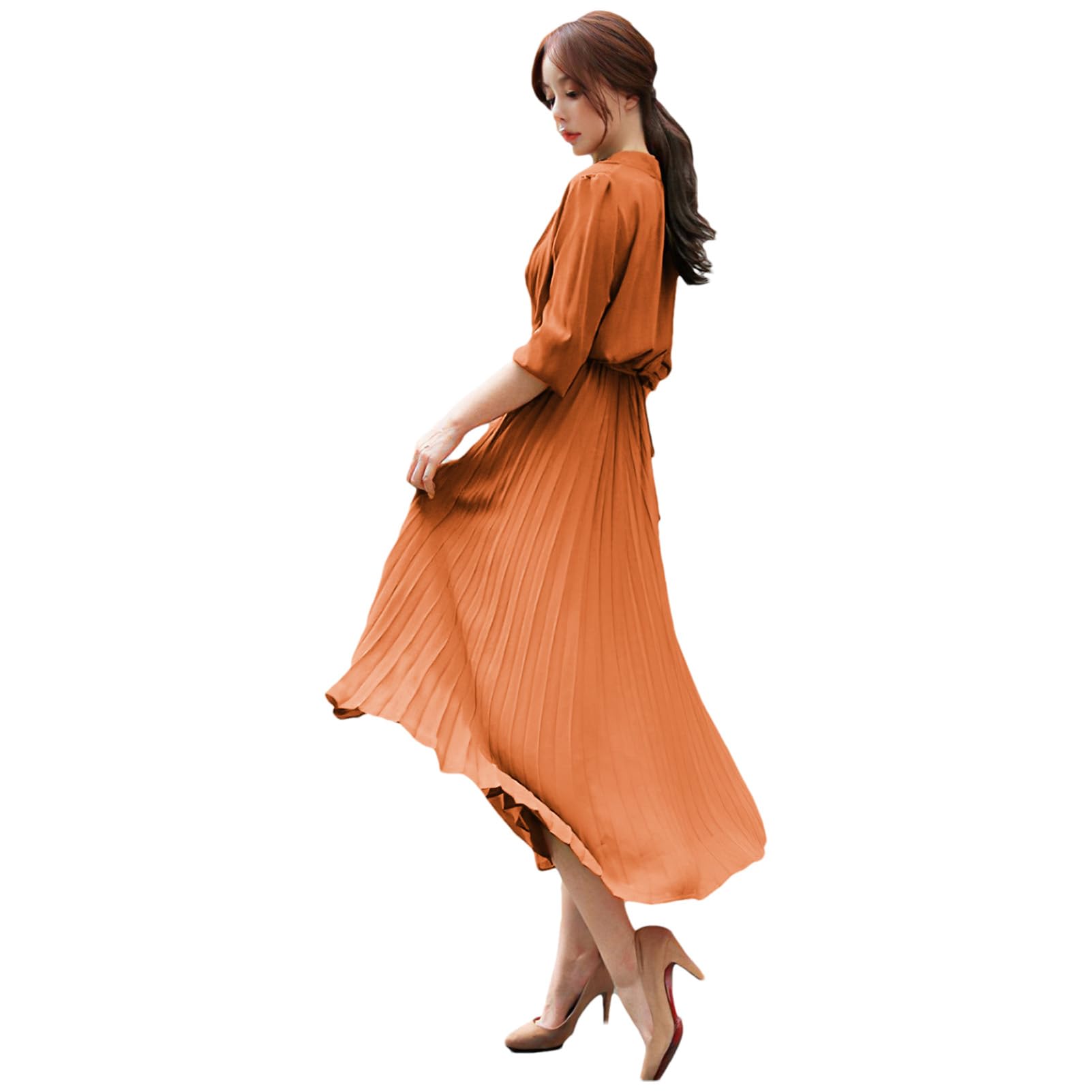 Women's Pleated Long Sleeve Maxi Dress - Loose Fit Casual Dress with Tie Waist - Perfect for Spring, Summer, Beach, Vacation & Everyday Wear