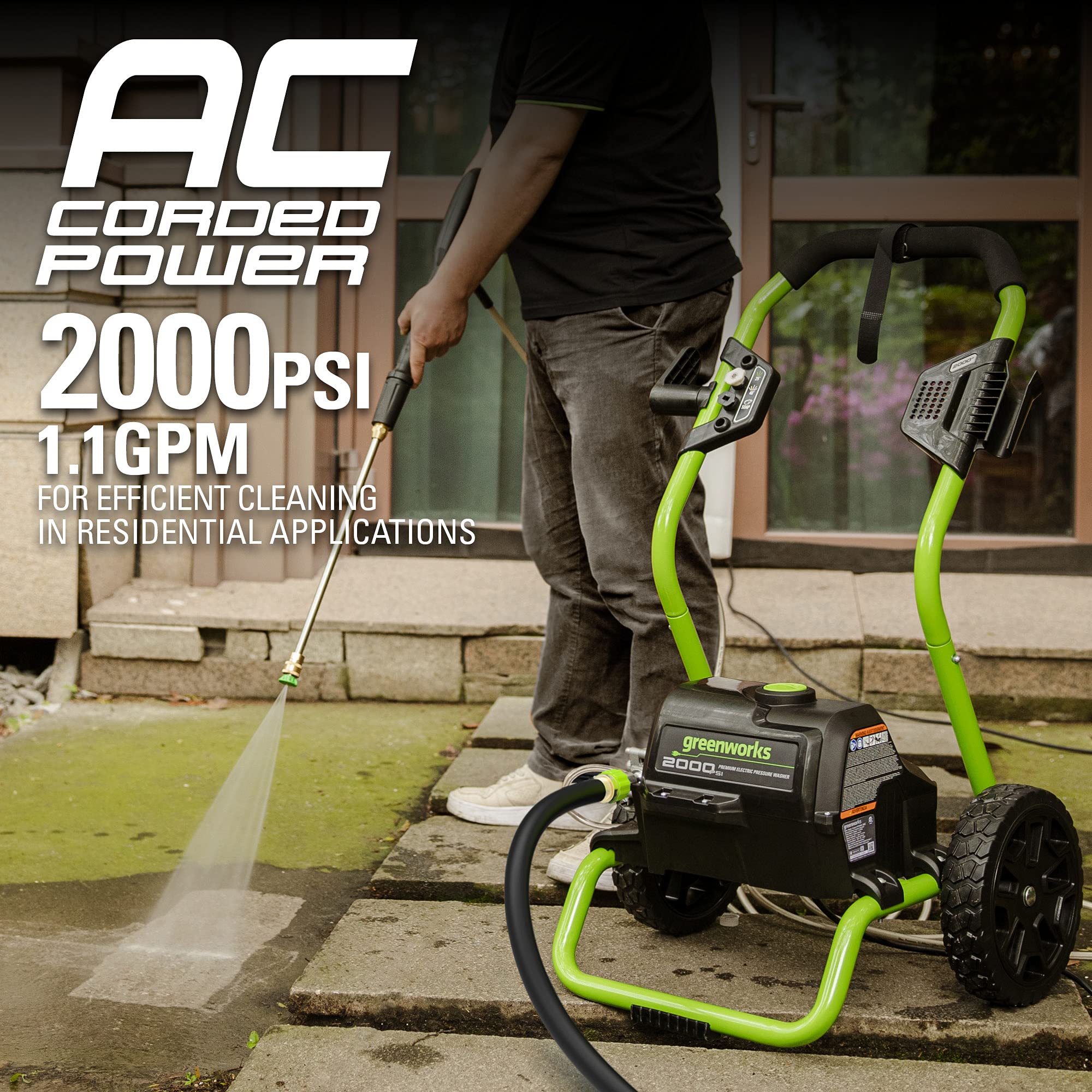 Greenworks 2000 PSI 13 Amp Electric Pressure Washer with Wheels, 20 FT Hose & 35 FT Power Cord - Perfect for Cleaning Cars, Fences, Patios, Driveways, Decks & Outdoor Surfaces