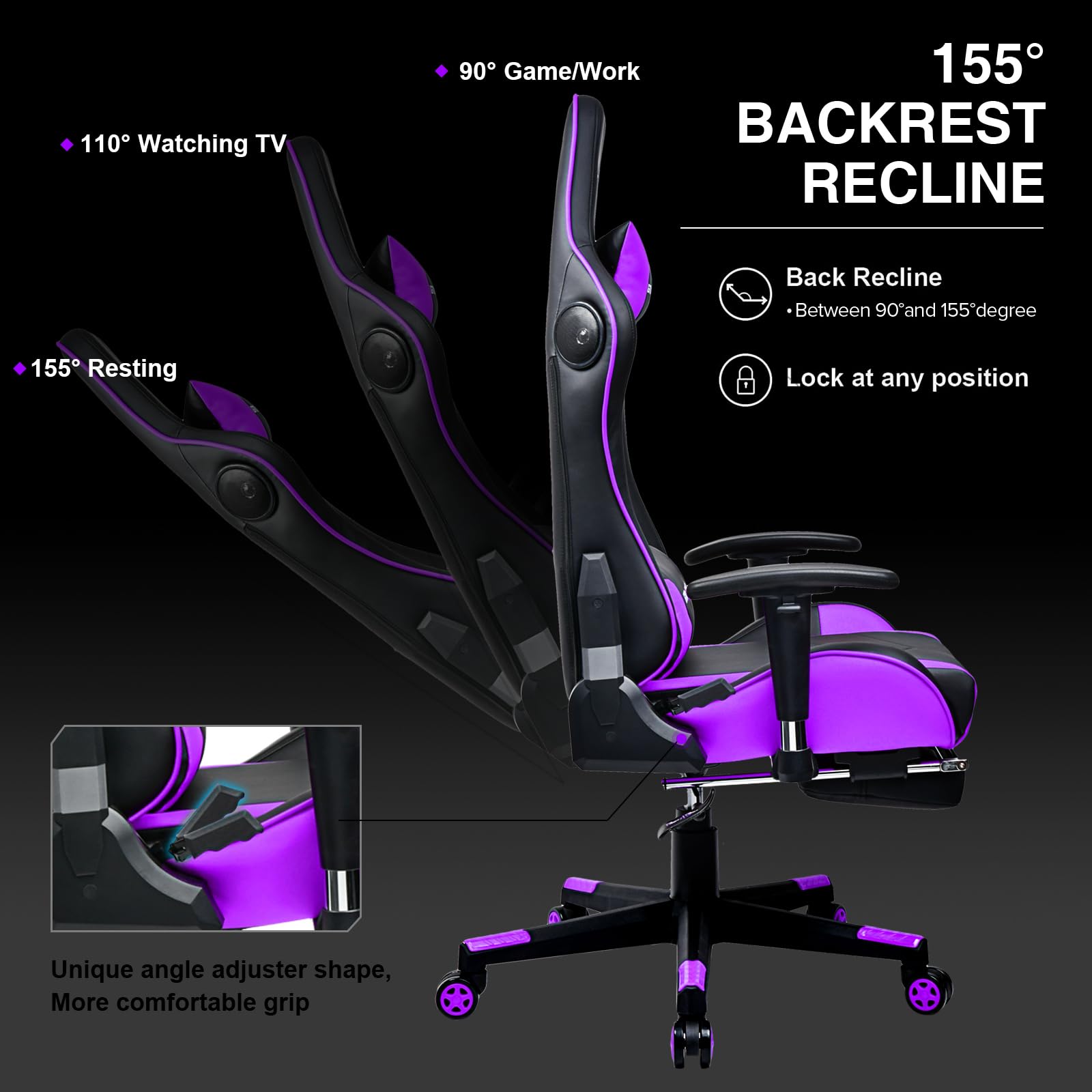 GTRACING Ergonomic Gaming Chair with Built-in Speakers & Footrest - Heavy Duty Office Computer Desk Chair for Gamers, Purple - Perfect for Gaming, Streaming & Home Office Use