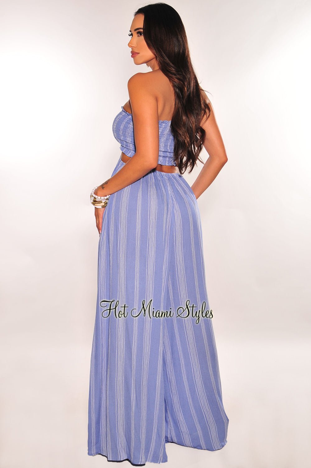 Blue Striped Smocked Halter Drawstring Cut Out Jumpsuit for Women - Summer Beach Party Outfit, Vacation Wear, Casual Romper with Stylish Design