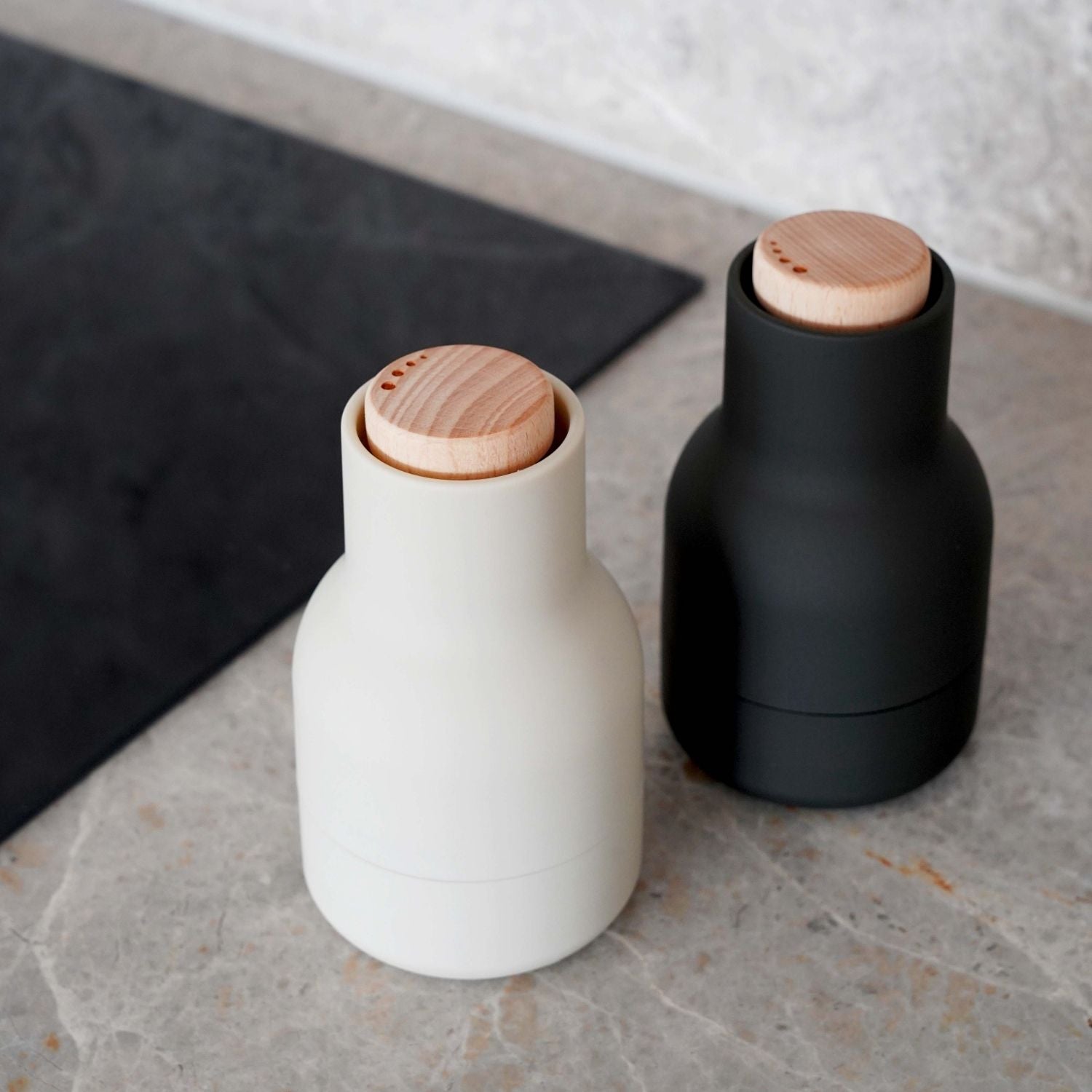 Premium AUDO CPH Salt and Pepper Grinder Set - Adjustable Ceramic Mill, Compact Ash/Carbon Design with Beech Wood Lid - Perfect for Kitchen, Dining Table & Gift Giving