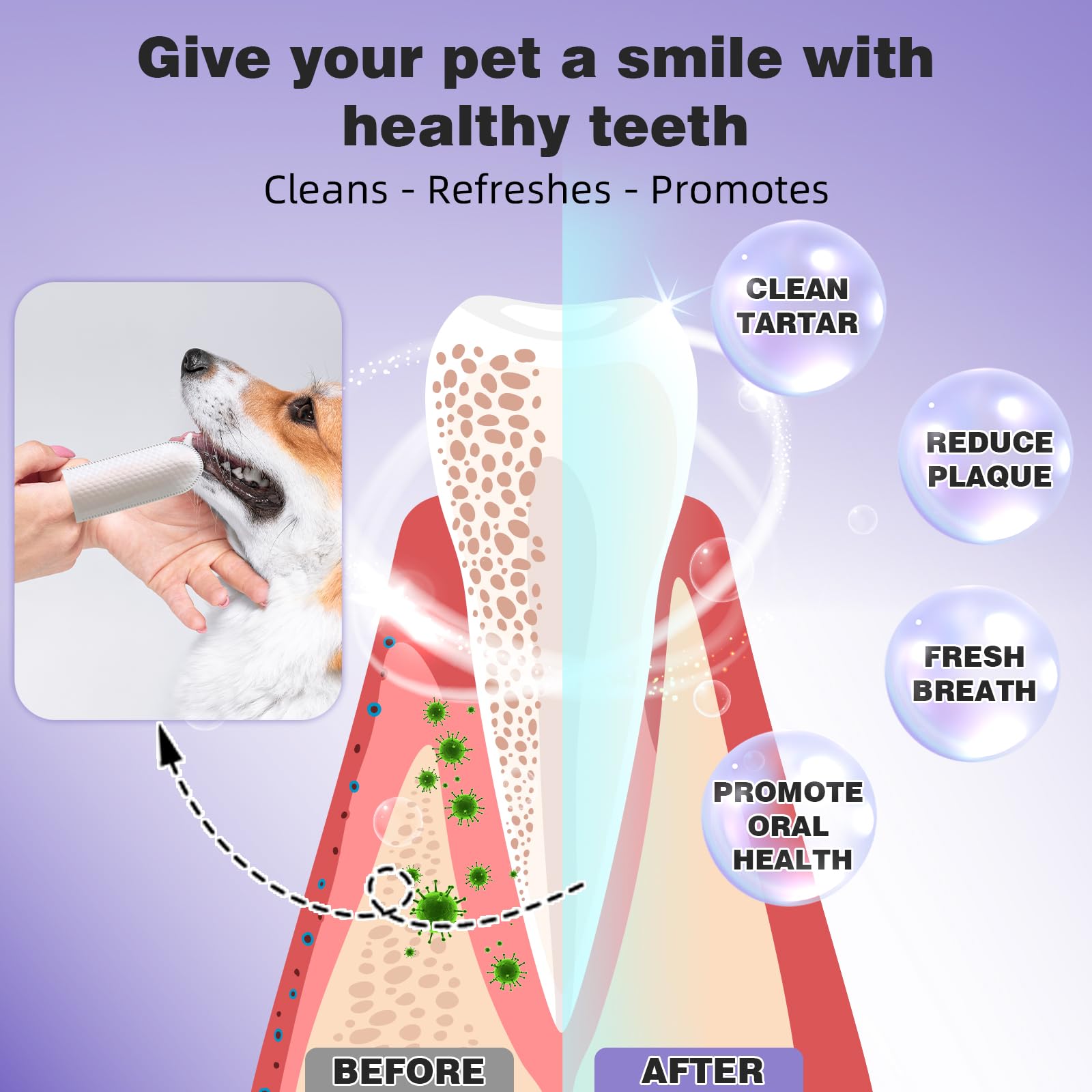 Pet Dental Finger Wipes for Dogs & Cats - 60 Count Coconut Scented Teeth Cleaning Wipes - Remove Plaque, Tartar & Freshen Breath - No Rinse Disposable Finger Toothbrush - Perfect for Travel, Home & Vet Visits