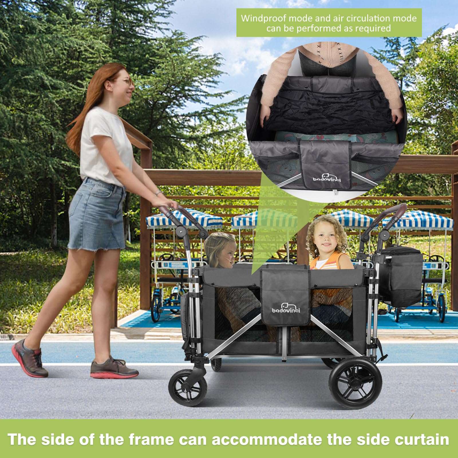 Best Double Stroller Wagon for 2 Kids - 2 High Seats with 5-Point Safety Harnesses & Adjustable Canopy - Foldable Push-Pull Wagon Cart for Outdoor, Camping, Shopping, Beach Trips and Family Adventures