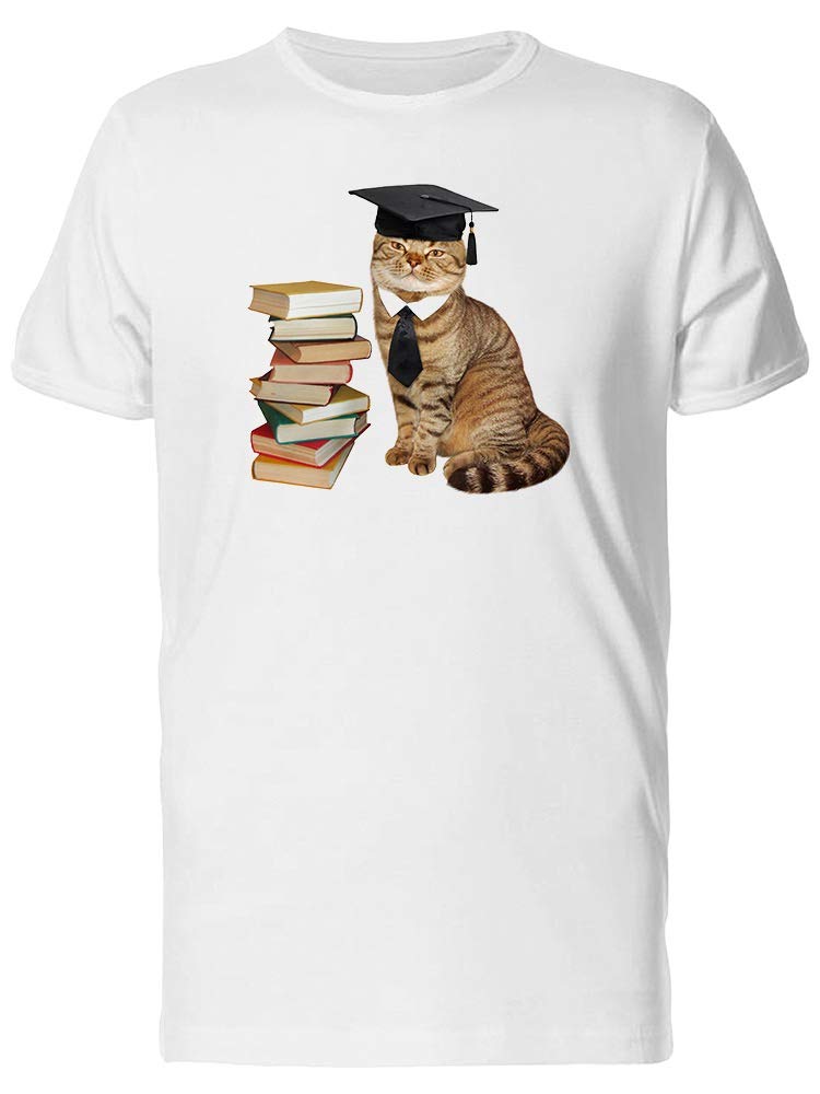 Graduated Cat with Books T-Shirt for Men - Funny College Graduation Gift Idea for Cat Lovers