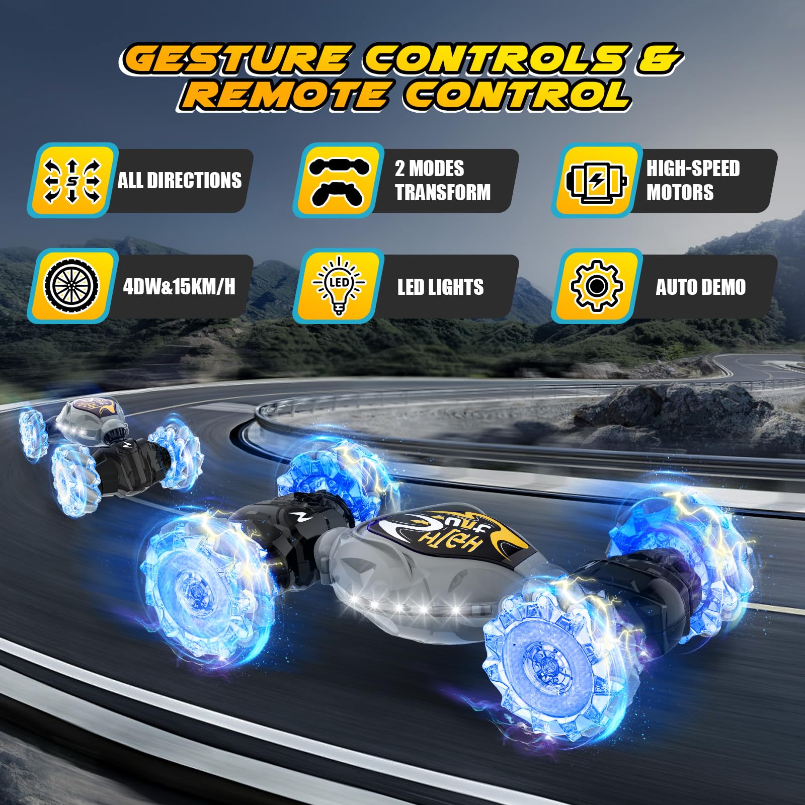 2.4GHz LED Gesture Sensing Remote Control Stunt Car - 4WD Double Sided Rotation RC Car with Lights & Music - All Terrain Drift Car for Boys & Girls - Perfect Birthday Gift & Outdoor Play Toy (Gray)
