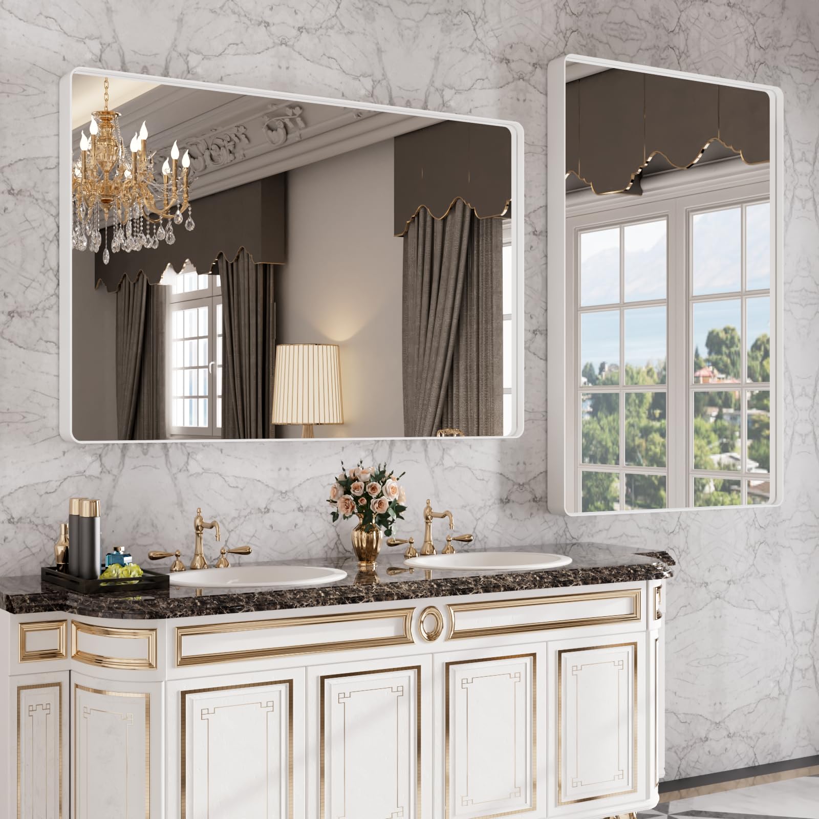 48x32 Inch White Bathroom Vanity Mirror - Rounded Rectangle Matte Wall Mirror with Metal Frame, Farmhouse Style, Tempered Glass (Horizontal/Vertical Mounting) - Perfect for Bathrooms, Bedrooms, and Entryway Décor