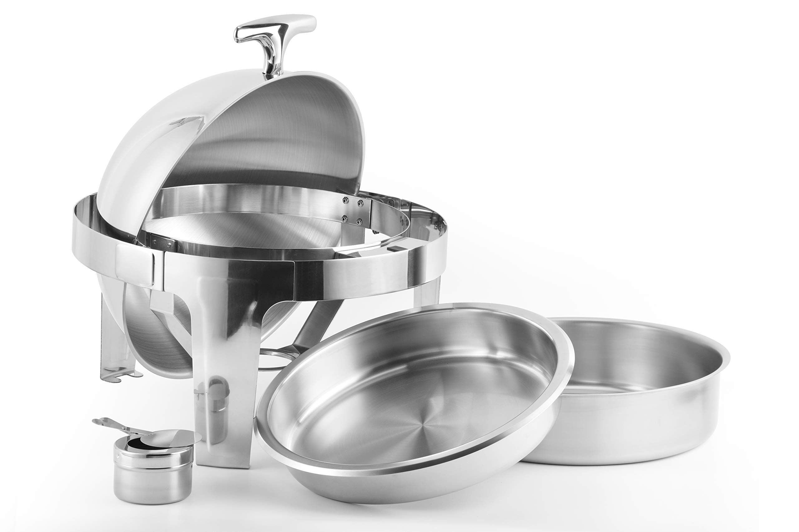 6 Quart Stainless Steel Round Roll Top Chafing Dish with Apron - Buffet Warmer for Catering, Parties, Weddings & Events - Keep Food Warm for Hours