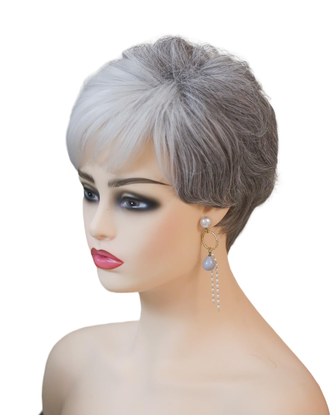 Short Grey Women's Pixie Cut Wig with Softly Swept Bangs - Synthetic Grey Curly Wig for Everyday Wear & Cosplay (Grey)