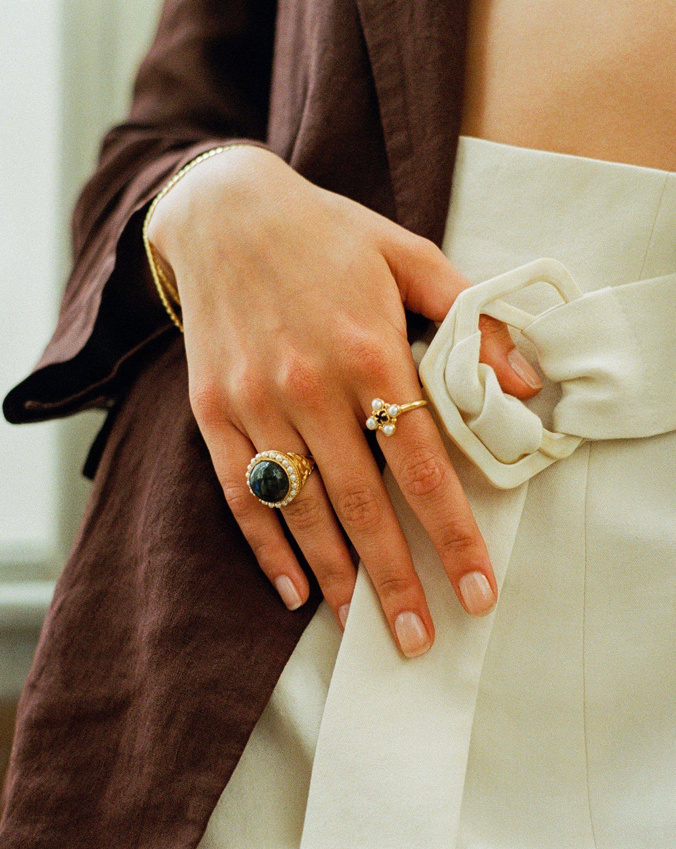 Harris Reed Quartet Ring - 18k Gold Vermeil with Pearl & Black Onyx | Elegant Stackable Ring for Women | Perfect for Weddings, Parties & Special Occasions