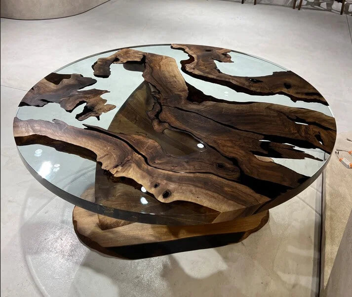 Handmade Round Epoxy Resin Table with Natural Walnut Wood Vortex Base - Modern Coffee Table for Living Room, Office & Dining Room Decor