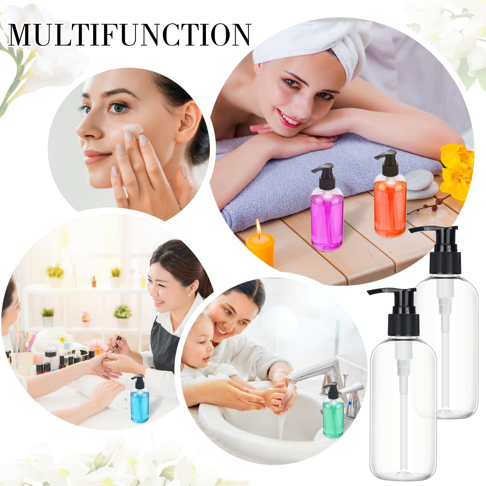 40 Pack 8 oz Clear Refillable Plastic Pump Bottles with Dispenser - Travel Size Lotion Containers for Shampoo, Body Wash, Hand Soap, Massage Oil & Face Cream | Perfect for Home, Salon, Gym & Travel Use