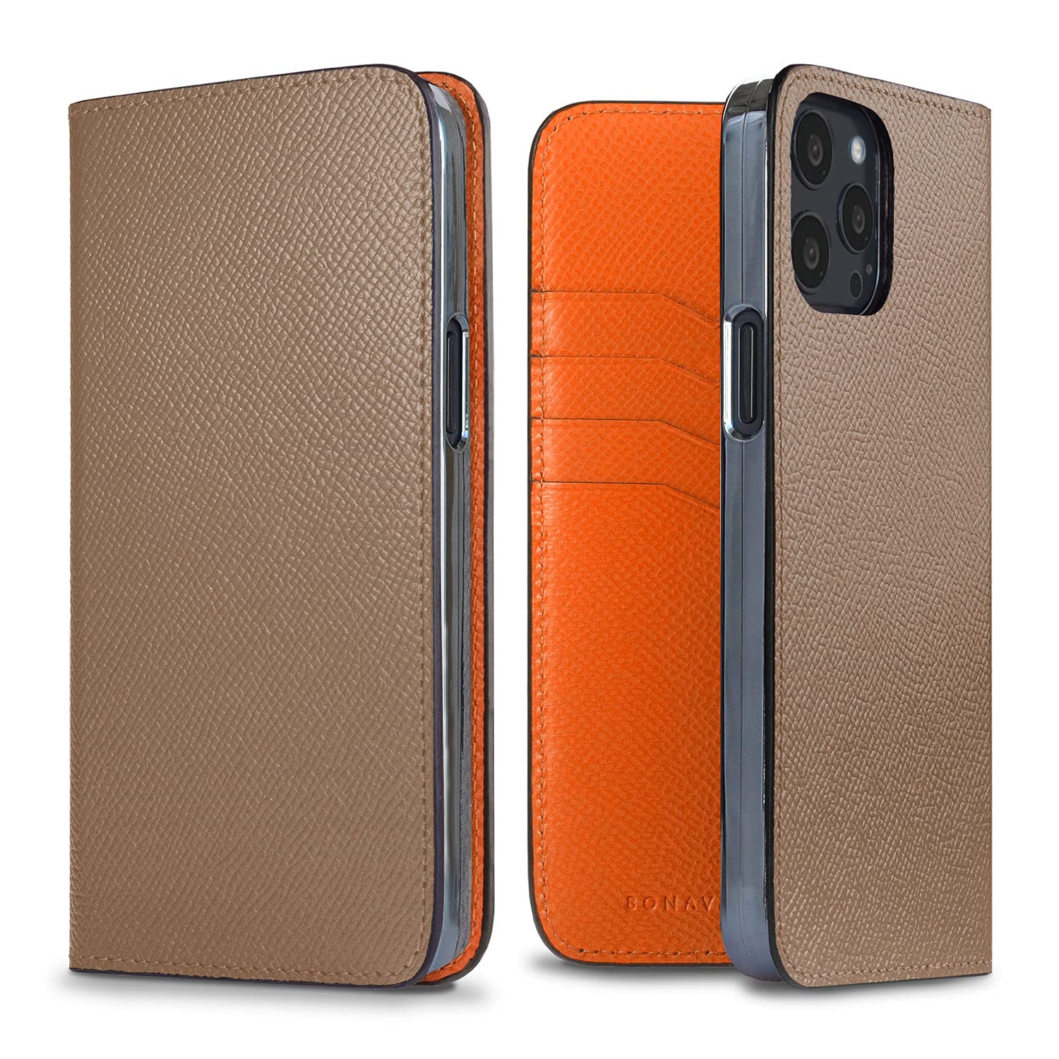 BONAVENTURA Noblessa Diary Premium Leather iPhone 13 Pro Max Case - Luxury Etoupe & Orange Smartphone Cover | Slim Protective Phone Case for Women & Men | Perfect for Office, Travel & Everyday Use