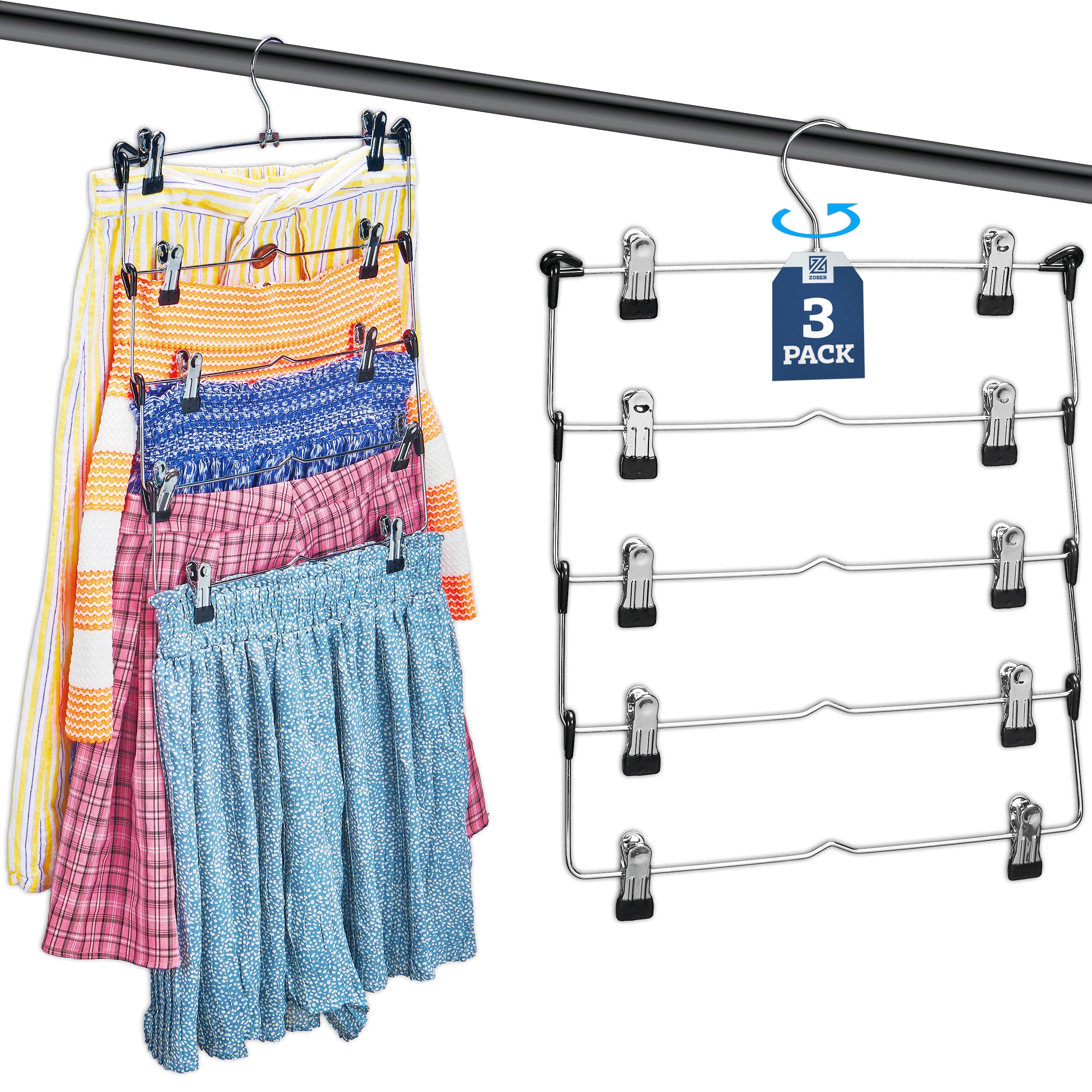 Zober 5-Tier Space Saving Skirt & Pants Hangers with Non-Slip Adjustable Clips & Swivel Hooks - Heavy Duty Metal Clothes Hangers for Women (3-Pack) - Perfect for Closet Organization, Wardrobe Storage and Travel Packing