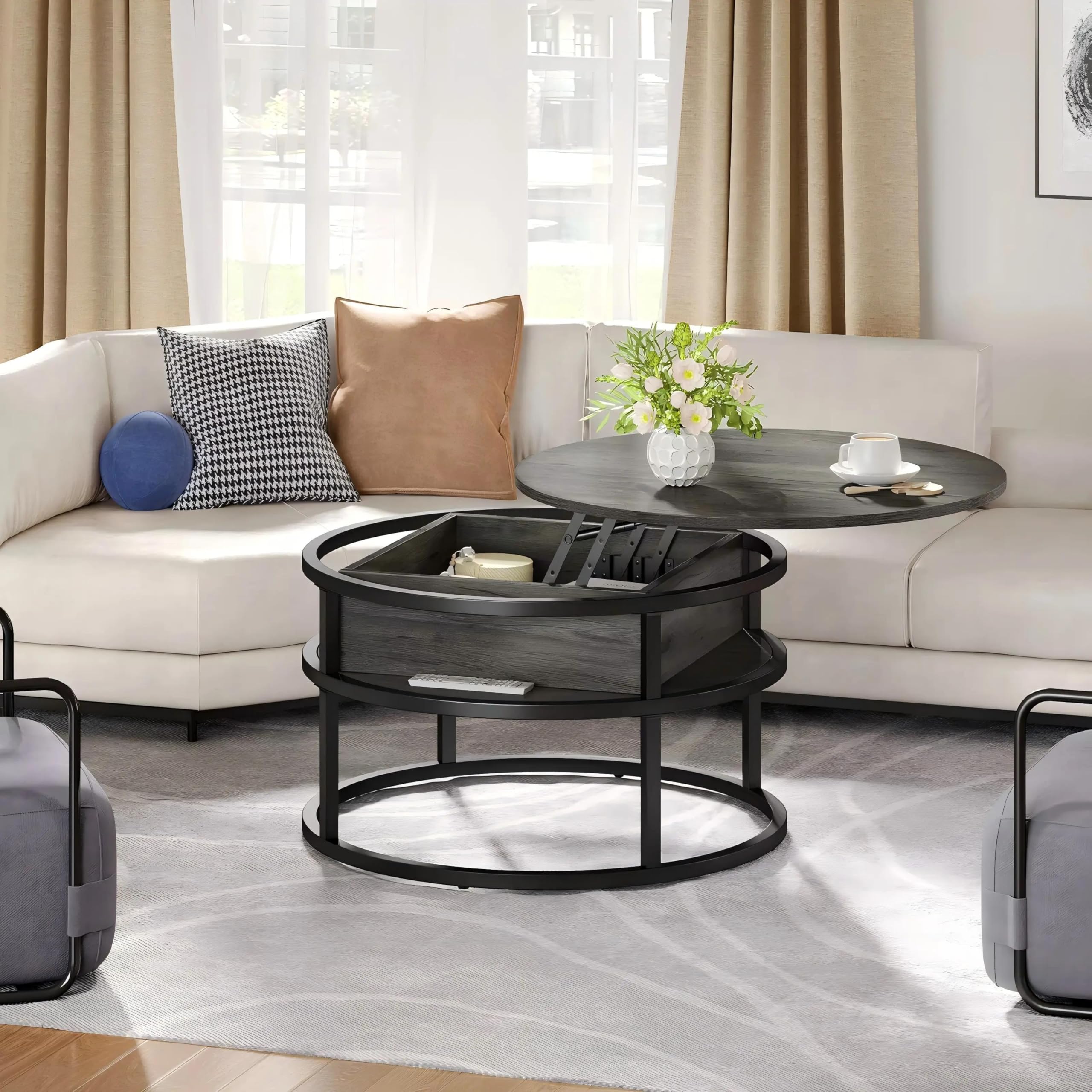 Round Lift Top Coffee Table with Hidden Storage - Modern Farmhouse Wood Center Table for Living Room - Perfect for Small Spaces, Home Decor & Entertaining Guests