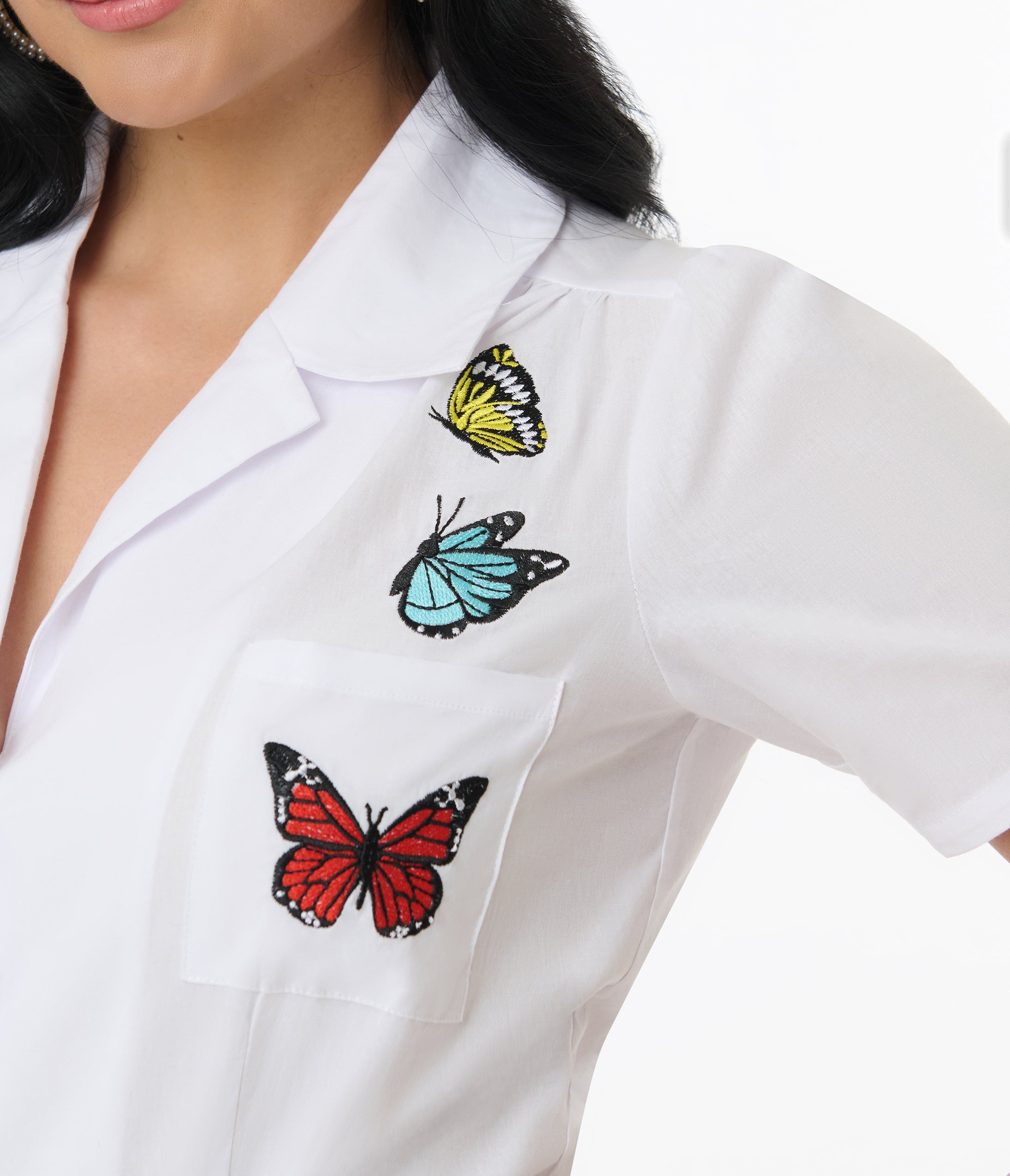 Vintage 1960s White Butterfly Print Cotton Blouse - Retro Fashion for Women, Perfect for Tea Parties & Boho Outfits