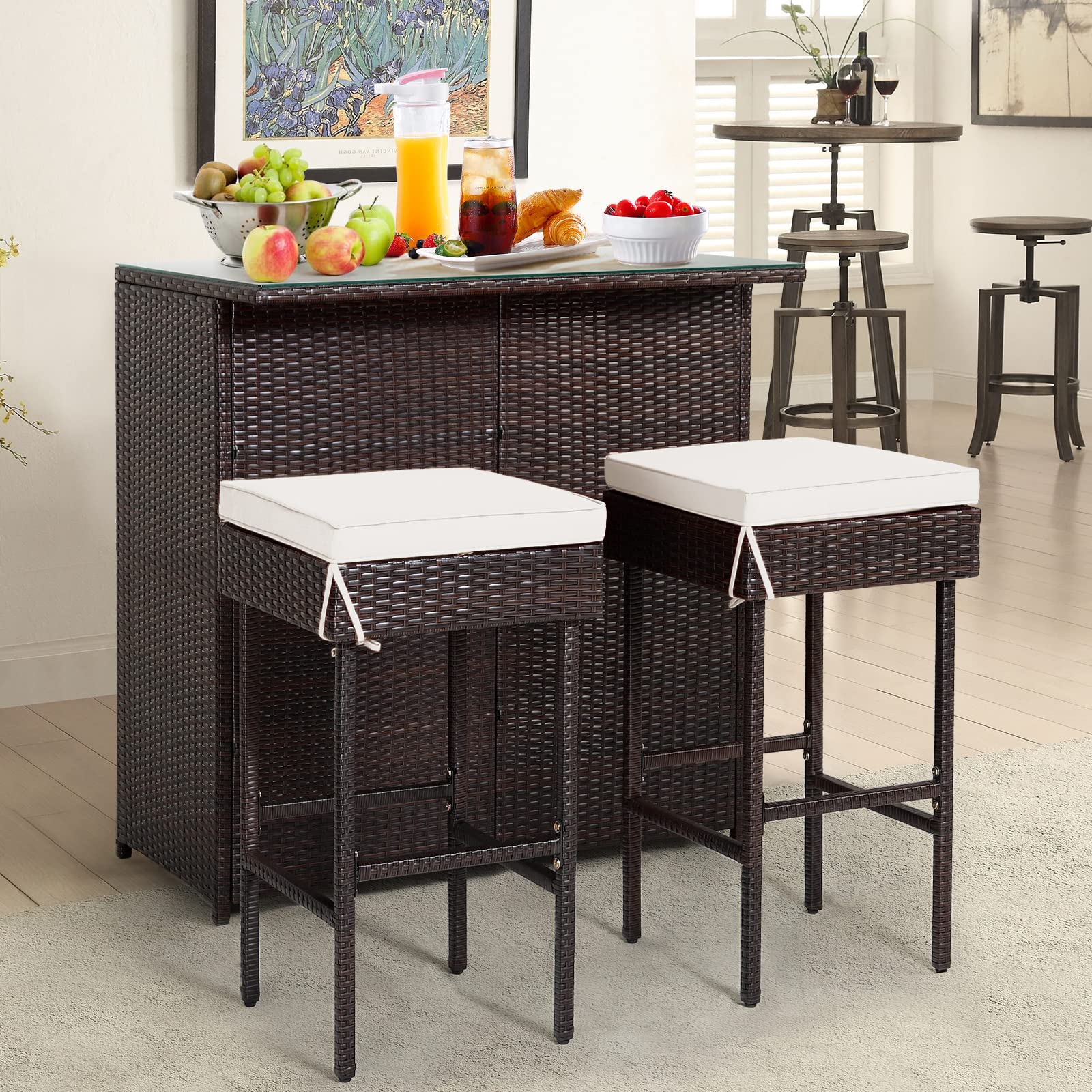 RELAX4FLIE 3-Piece Outdoor Bar Set - Patio Wicker Bar Table & Chairs with Cushioned Stools, 2 Open Shelves & Tempered Glass Top - Rattan Bar Height Set for Poolside, Garden, Backyard, Deck & Outdoor Entertaining (Beige)