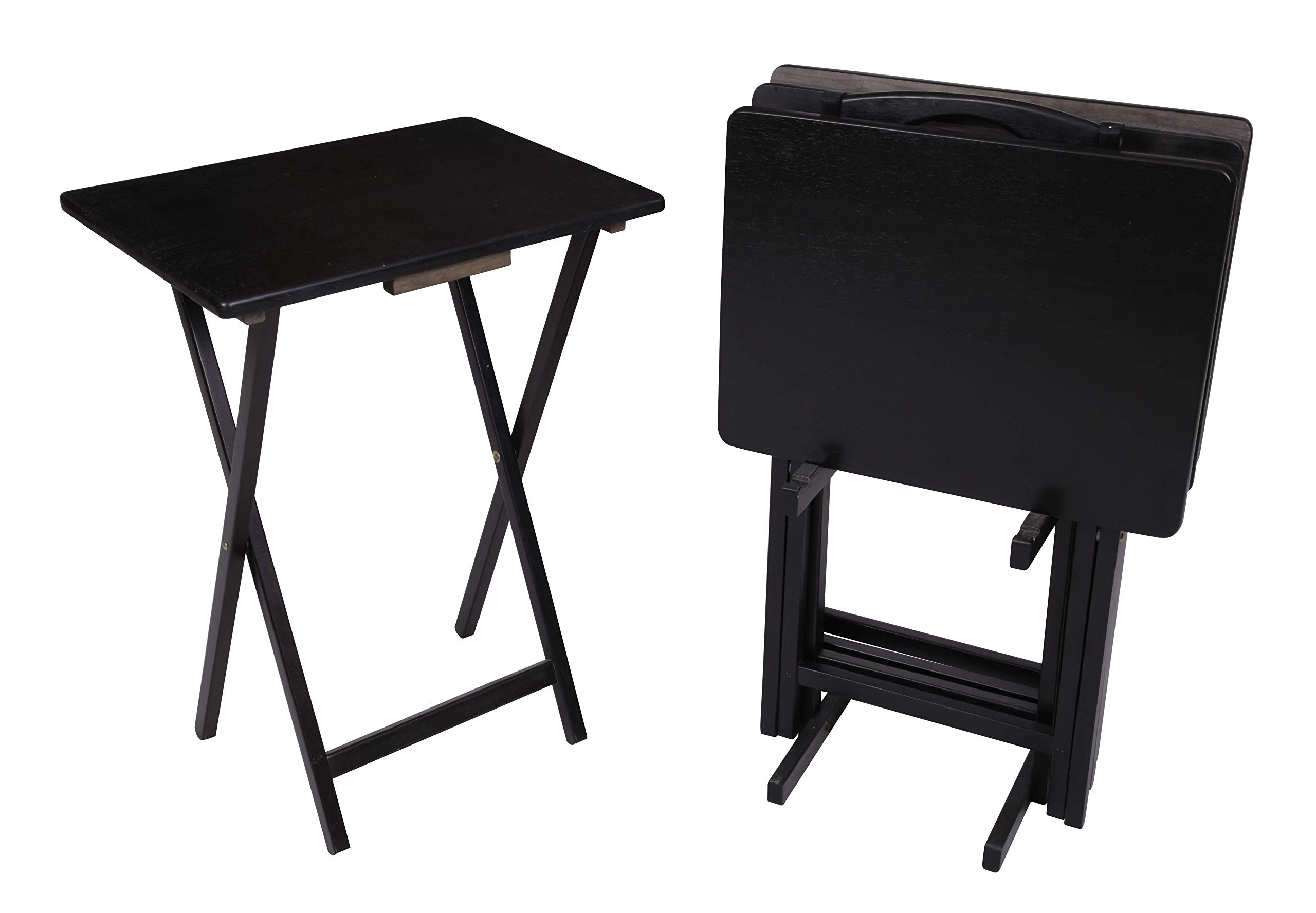Mainstay Black 5-Piece Folding TV Tray Table Set (4 Trays + 1 Stand) - Portable Snack Tables for Living Room, Bedroom, or Outdoor Use - Space-Saving Dining Solution for Small Spaces