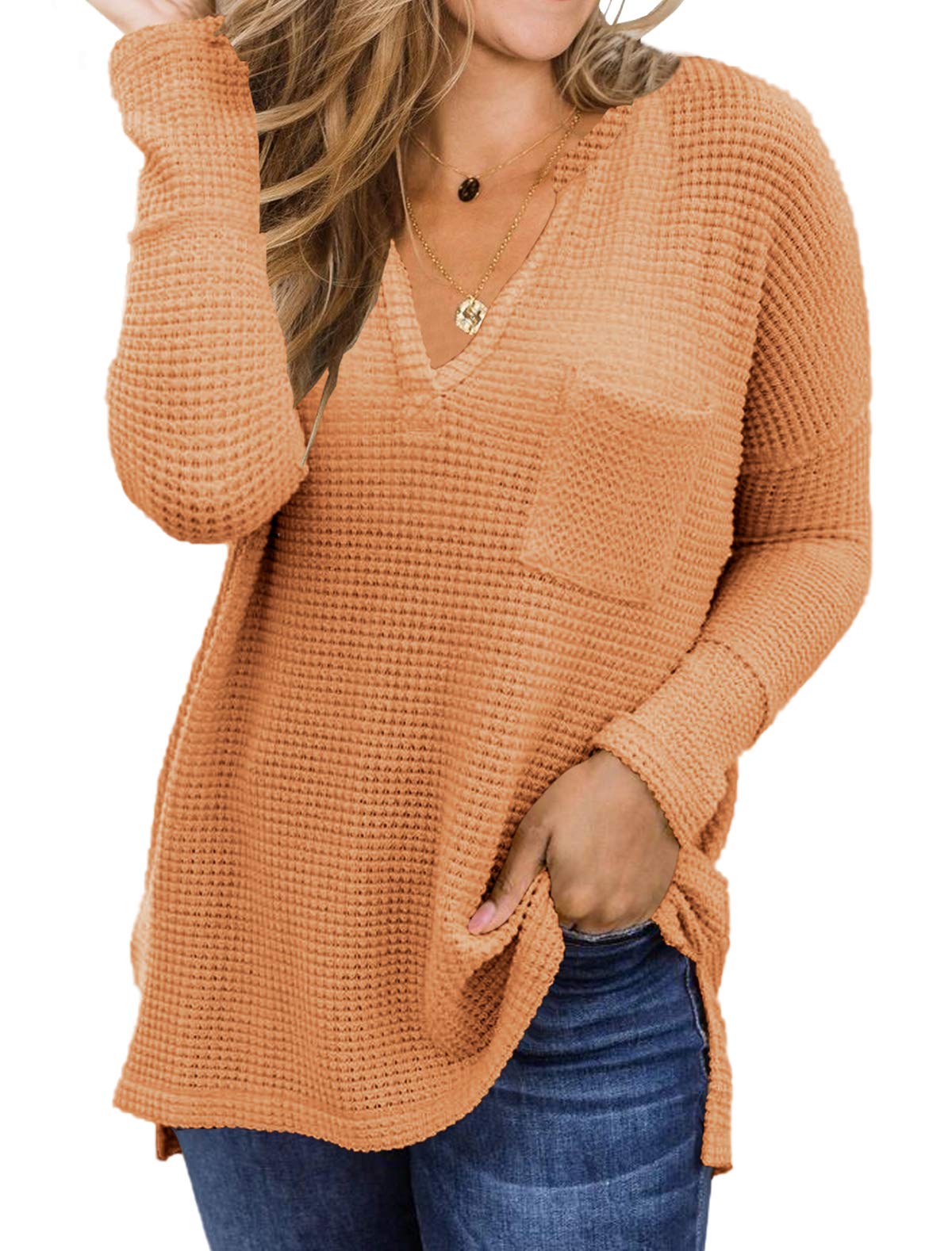 EFAN Women's Waffle Knit Oversized Sweater - V-Neck Long Sleeve Pullover with Pockets | Cozy Fall & Winter Warm Top for Casual Outfits, Office Wear & Weekend Lounging
