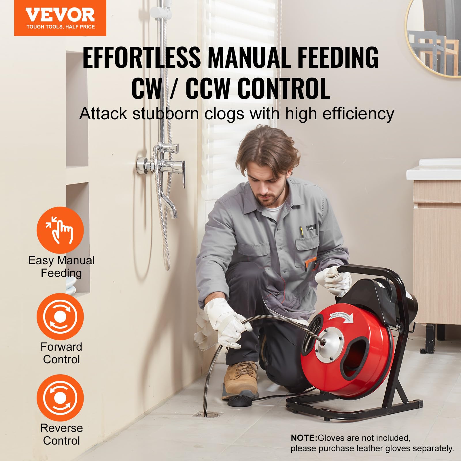 VEVOR 50FT x 1/2Inch Electric Drain Cleaner Machine - Heavy Duty Sewer Snake Auger with 4 Cutter Heads & Foot Switch for 2