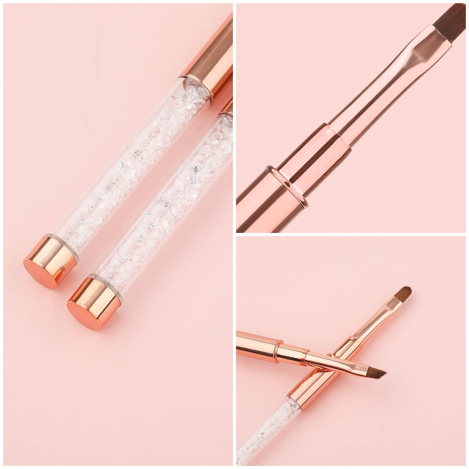 2Pcs Nail Art Clean Up Brushes - Round & Angled Head Polish Remover Brushes with Metal Rhinestone Handle for DIY Nail Design & Corrections (Rose Gold) | Perfect for Salon Professionals & Home Manicures