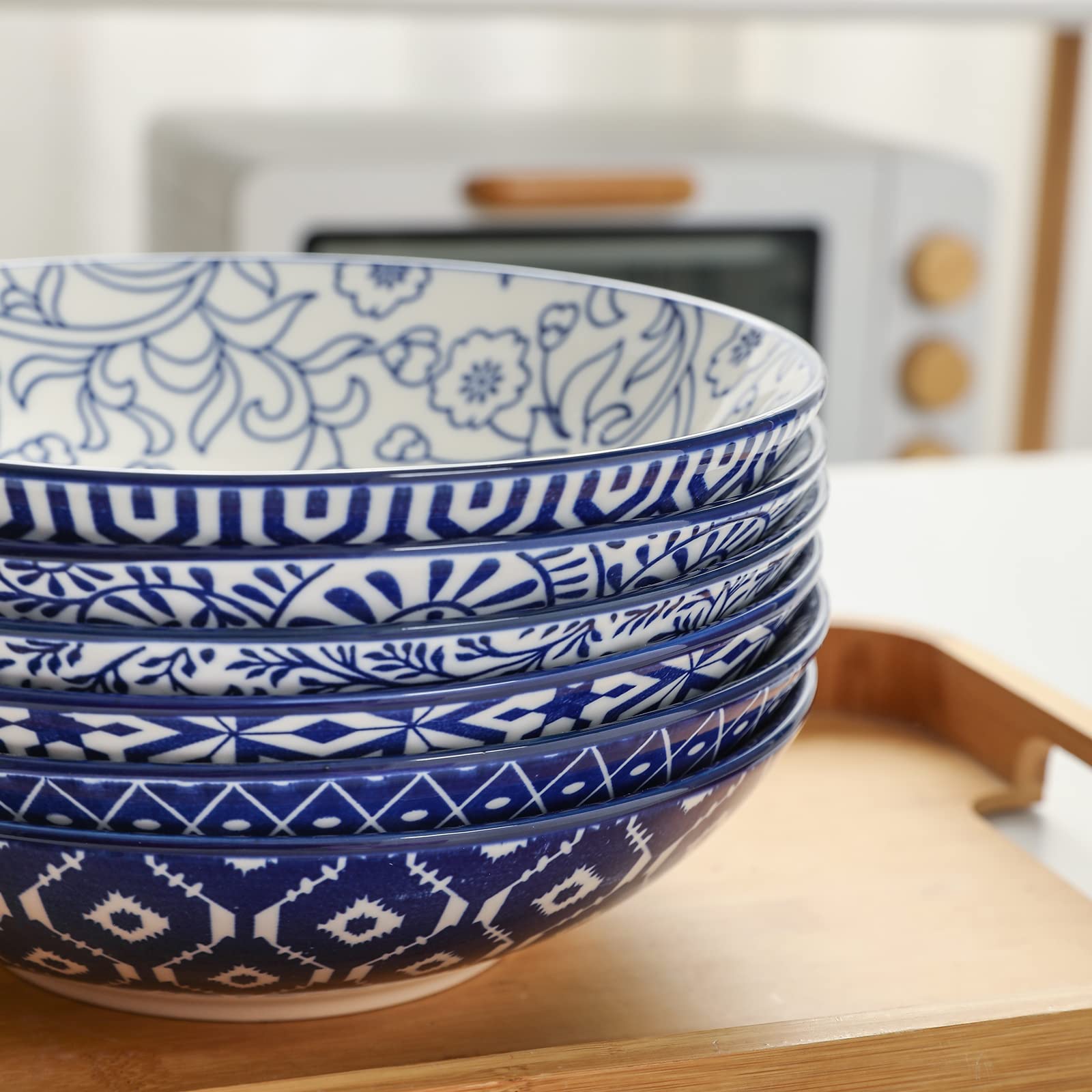Selamica 30oz Ceramic Pasta Salad Bowls - Set of 6, 8 Inch Wide Shallow Soup Bowls, Stackable, Microwave & Oven Safe, Vintage Blue - Perfect for Serving Pasta, Salad, Soup, Ice Cream & Party Dishes